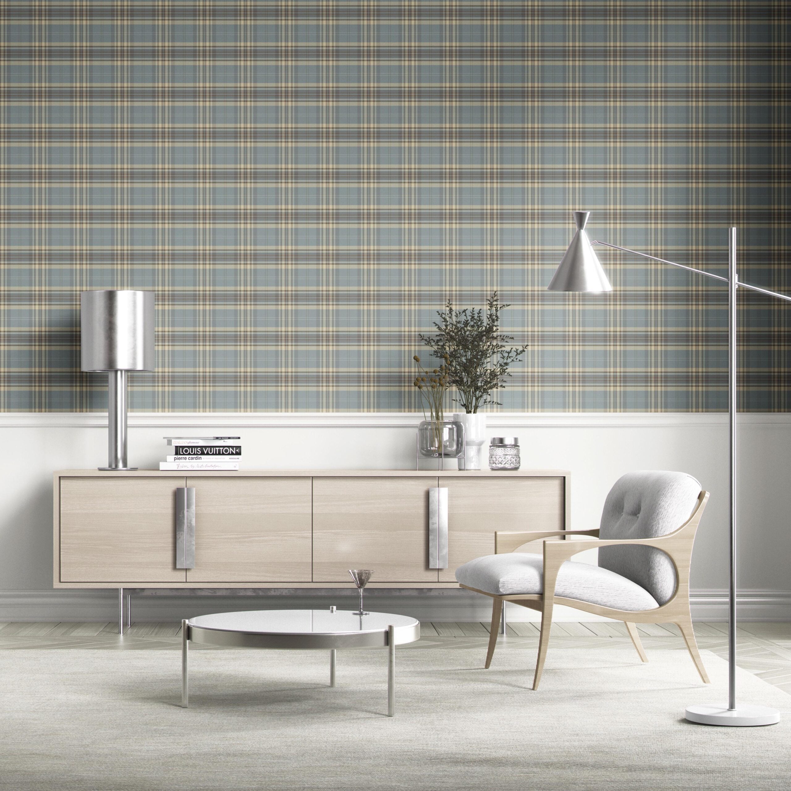 Geometric Plaid Checkered Kitchen Wallpaper Sample (Gray/ Blue/ Beige/ Brown)