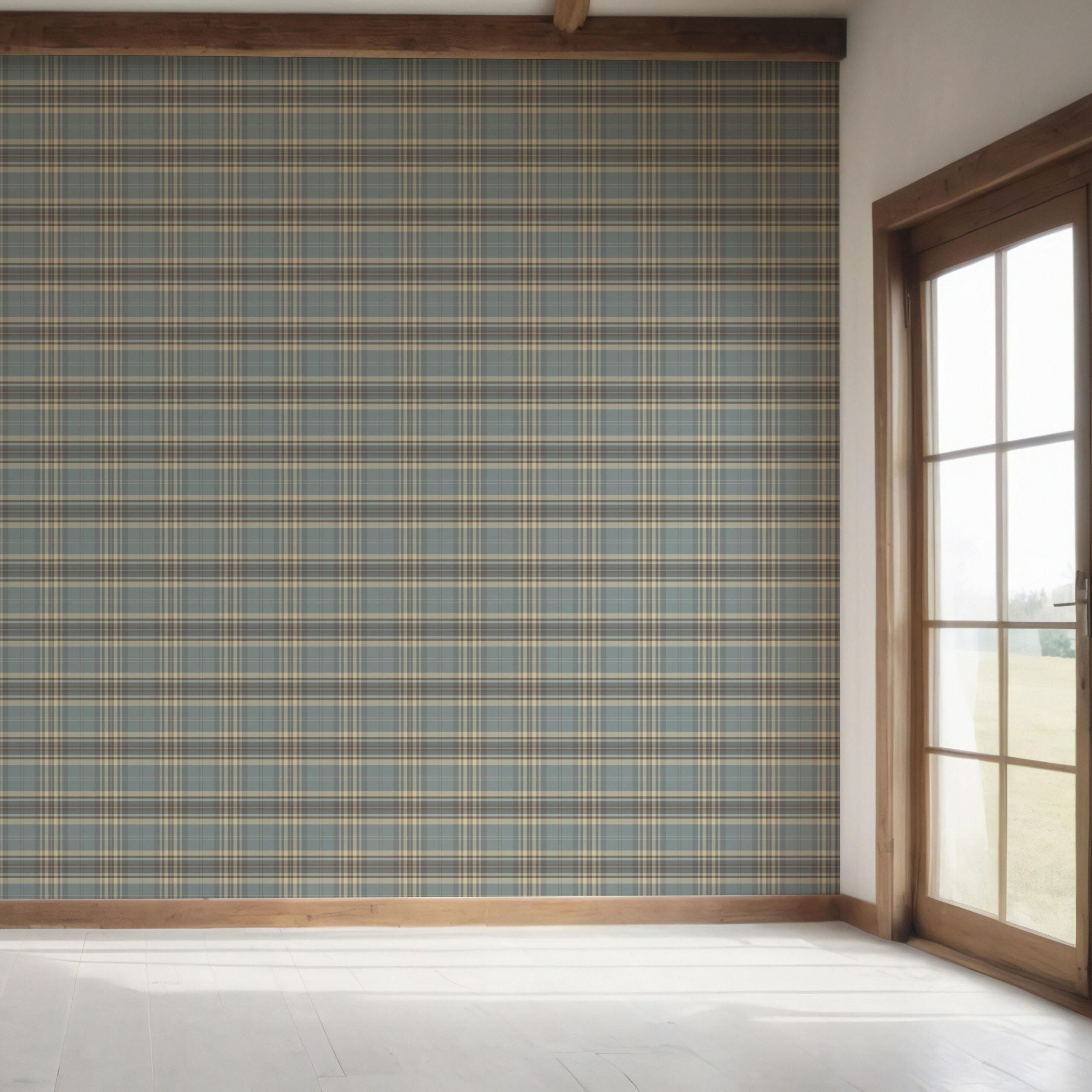 Geometric Plaid Checkered Bedroom Wallpaper Sample (Gray/ Blue/ Beige/ Brown)