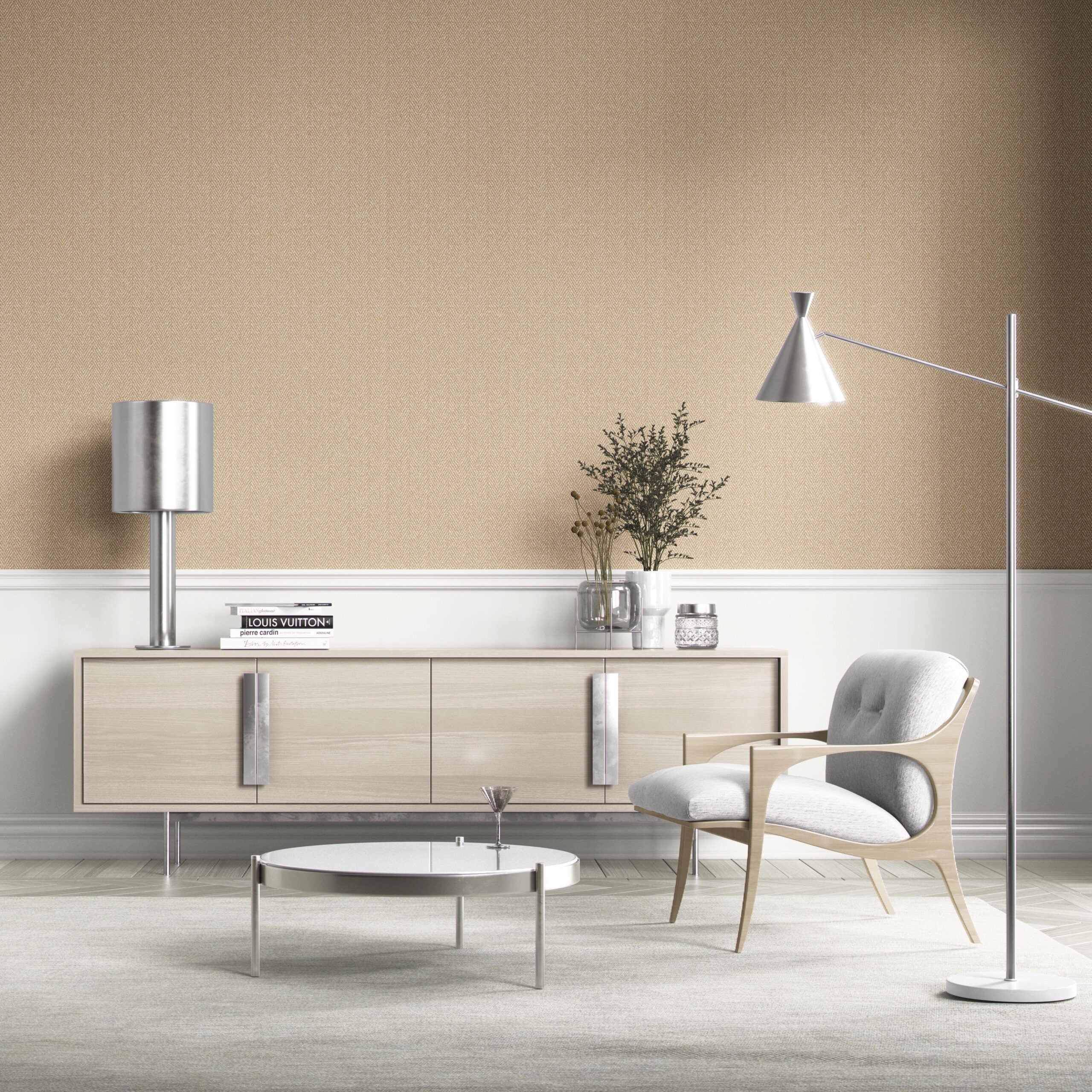 Neutral Herringbone Textured Kitchen Wallpaper (Gold Beige/ Khaki)