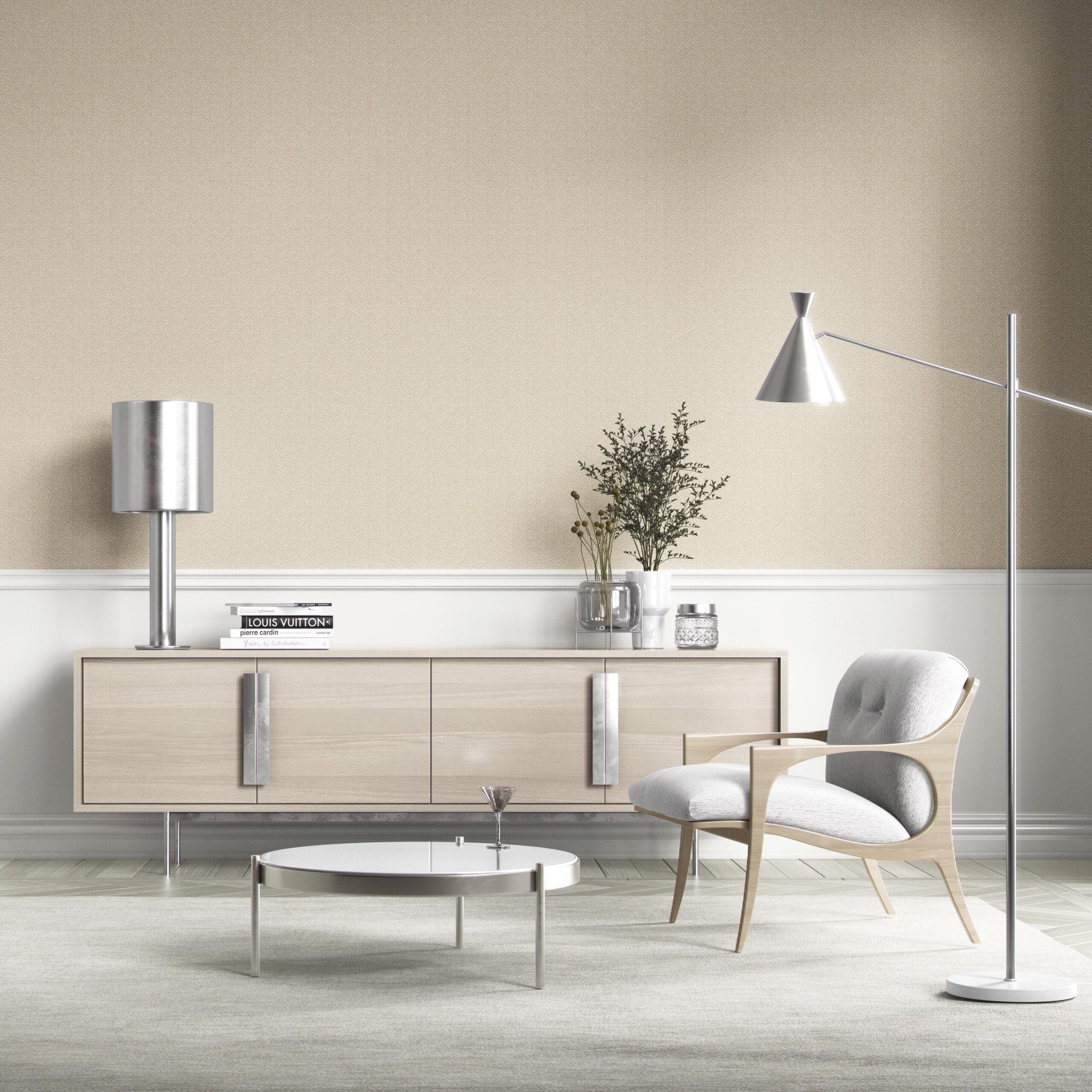 Neutral Herringbone Textured Kitchen Wallpaper Sample (Light Beige)