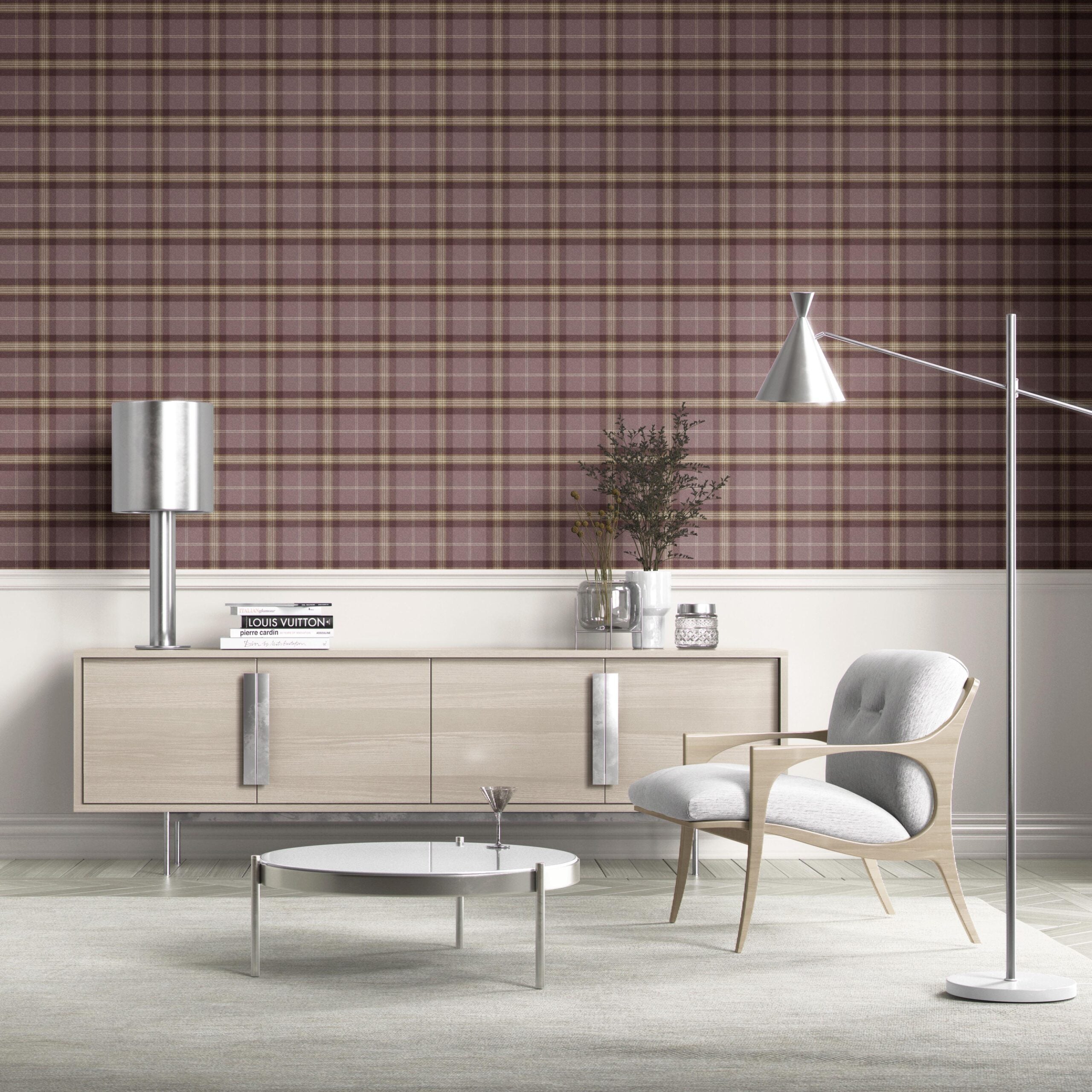 Geometric Plaid Checkered Kitchen Wallpaper Sample (Purple/ Mauve/ Pink/ Cream)