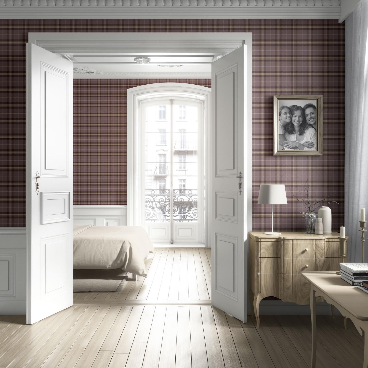 Geometric Plaid Checkered Living Room Wallpaper Sample (Purple/ Mauve/ Pink/ Cream)