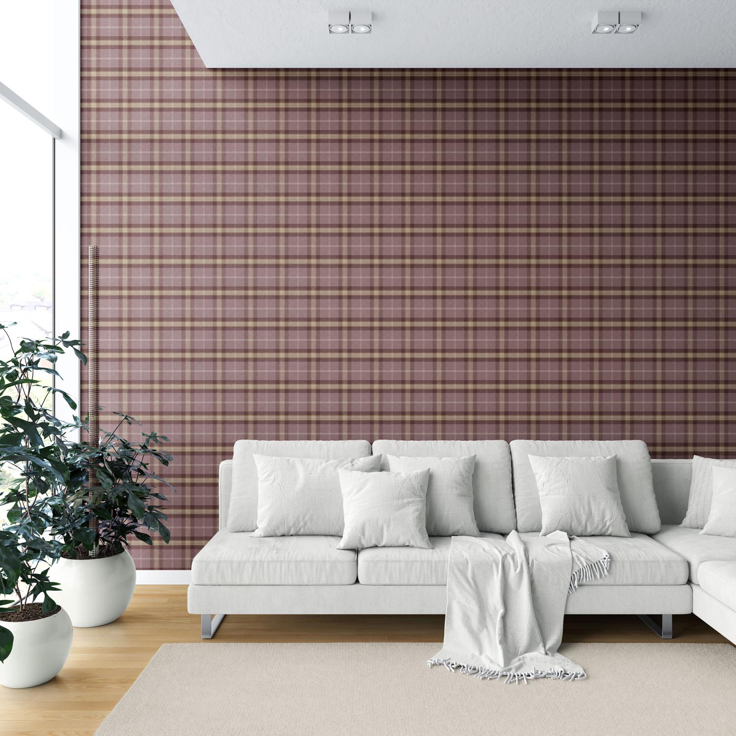 Geometric Plaid Checkered Shower Toilet Wallpaper Sample (Purple/ Mauve/ Pink/ Cream)