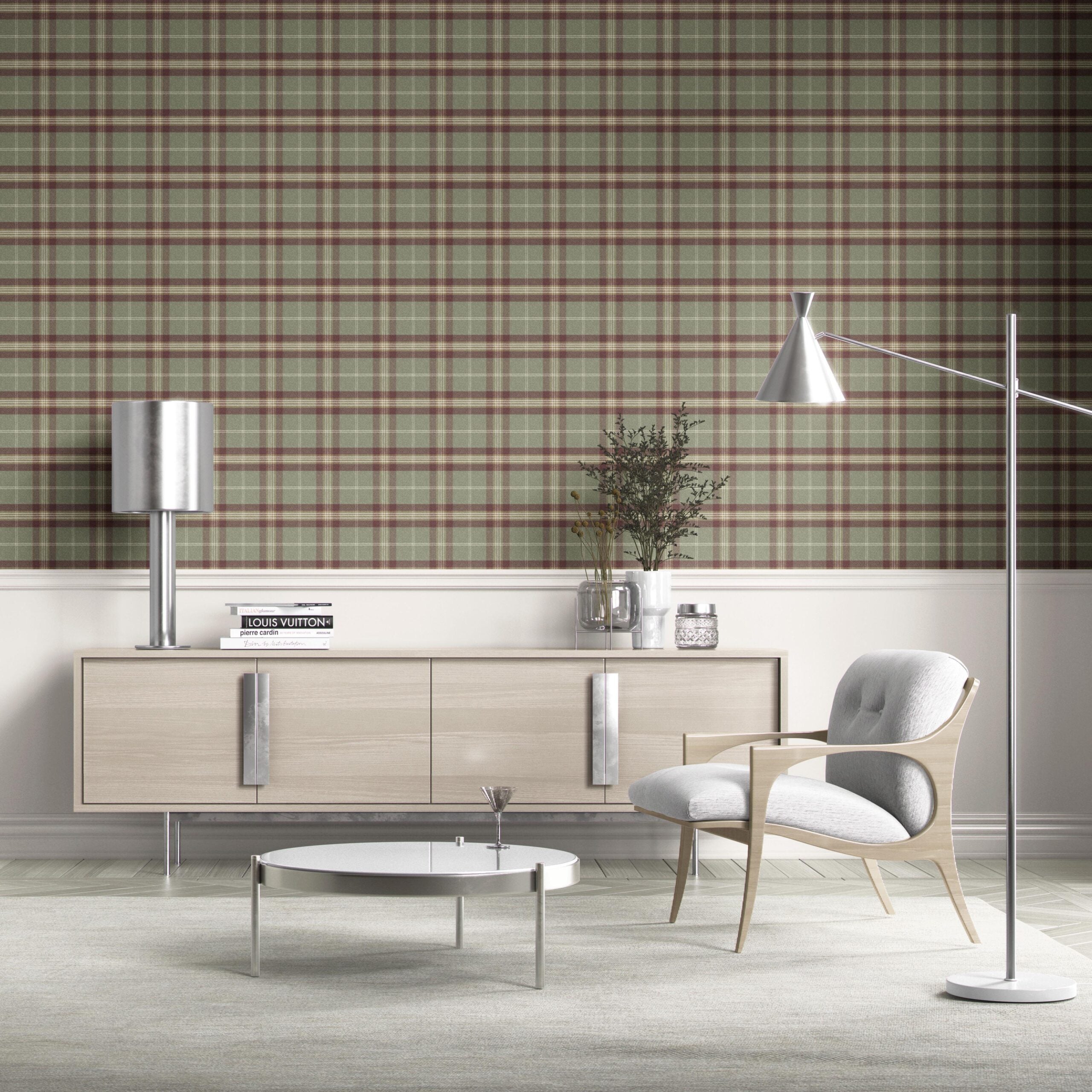 Geometric Plaid Checkered Kitchen Wallpaper Sample (Olive Green/ Red/ Beige)