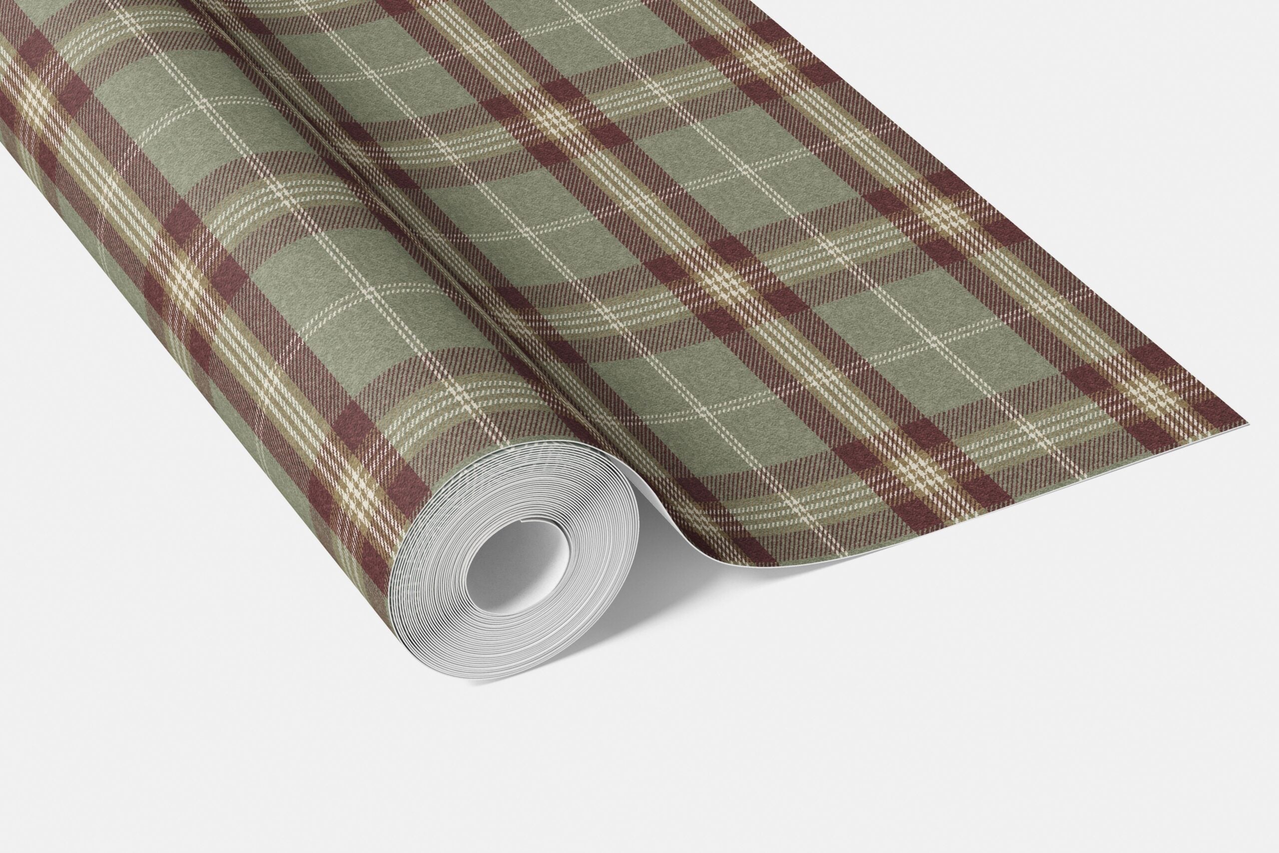 Geometric Plaid Checkered Bathroom Wallpaper Sample (Olive Green/ Red/ Beige)