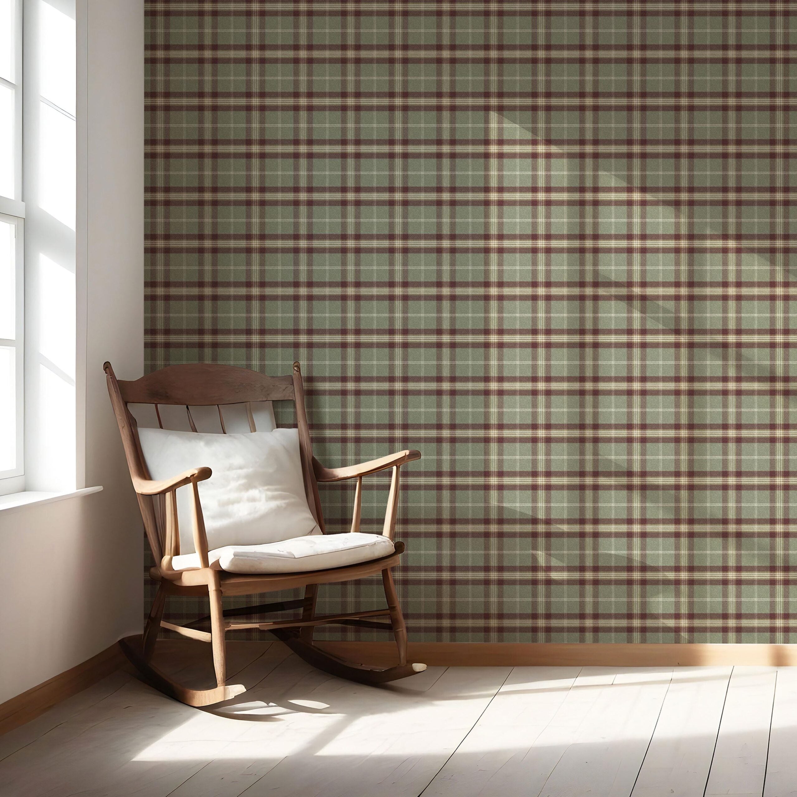 Geometric Plaid Checkered Nursery Wallpaper Sample (Olive Green/ Red/ Beige)