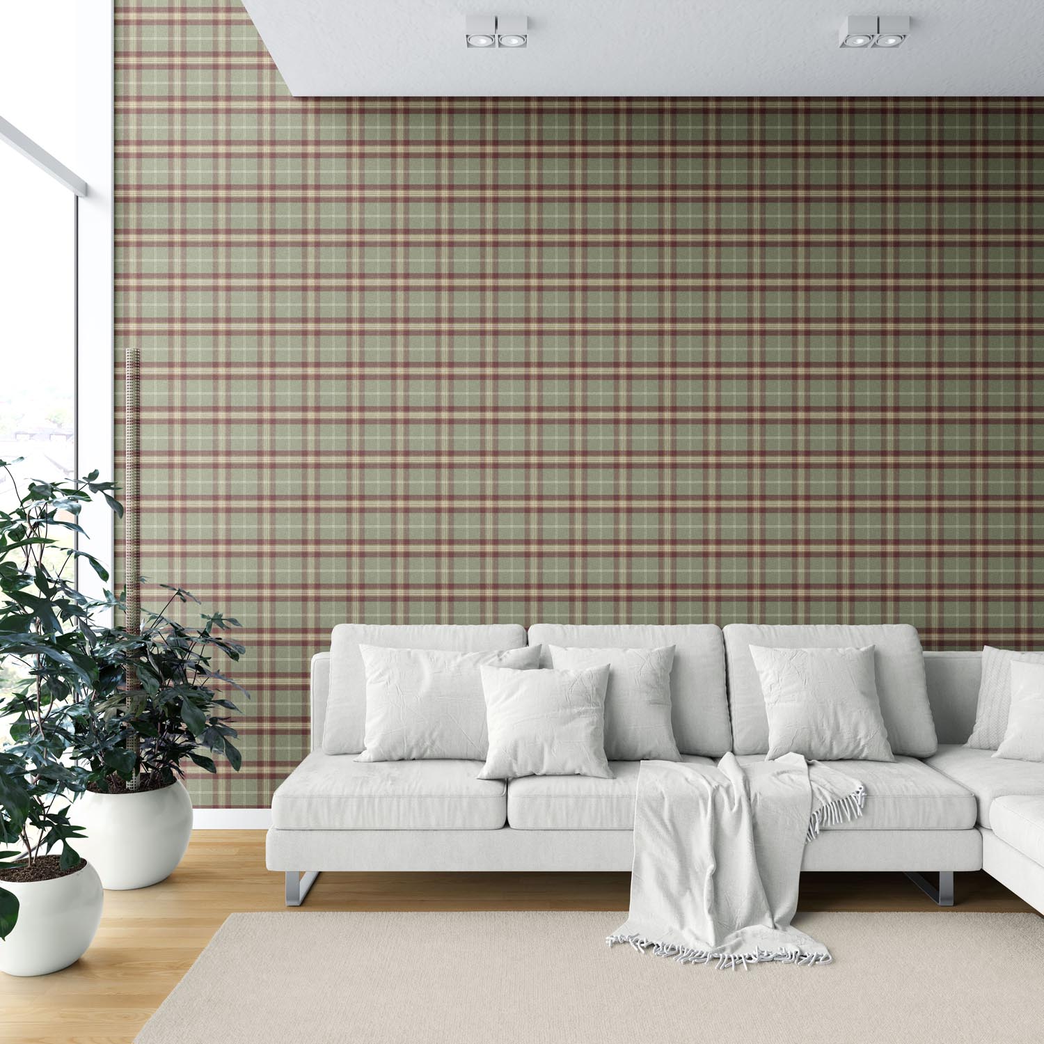 Geometric Plaid Checkered Shower Toilet Wallpaper Sample (Olive Green/ Red/ Beige)