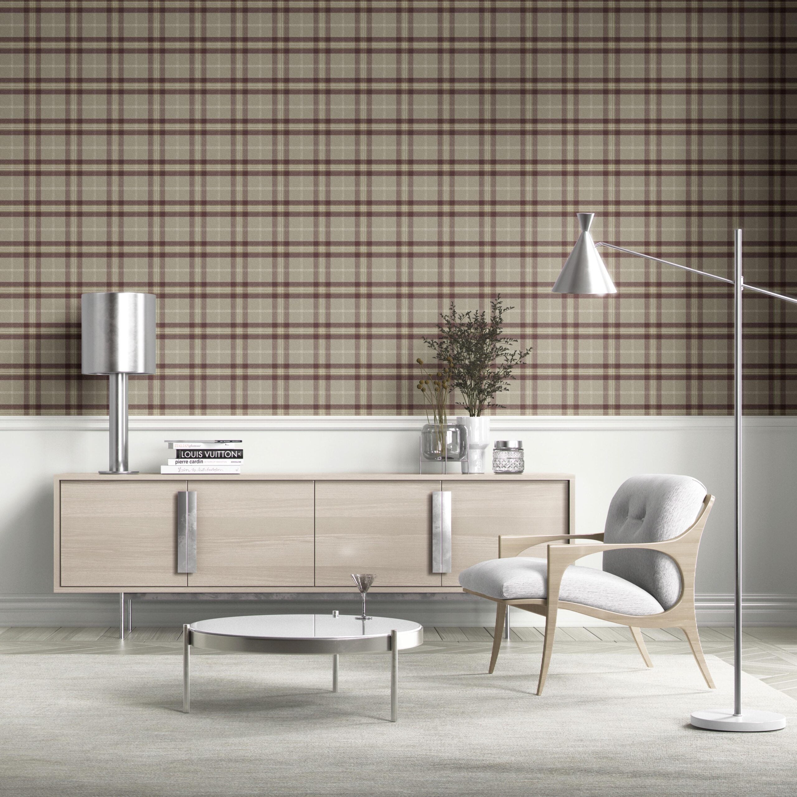 Geometric Plaid Checkered Kitchen Wallpaper Sample (Brown/ Maroon/ Beige)