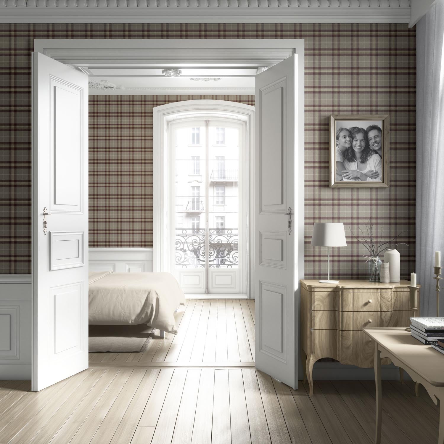 Geometric Plaid Checkered Living Room Wallpaper Sample (Brown/ Maroon/ Beige)
