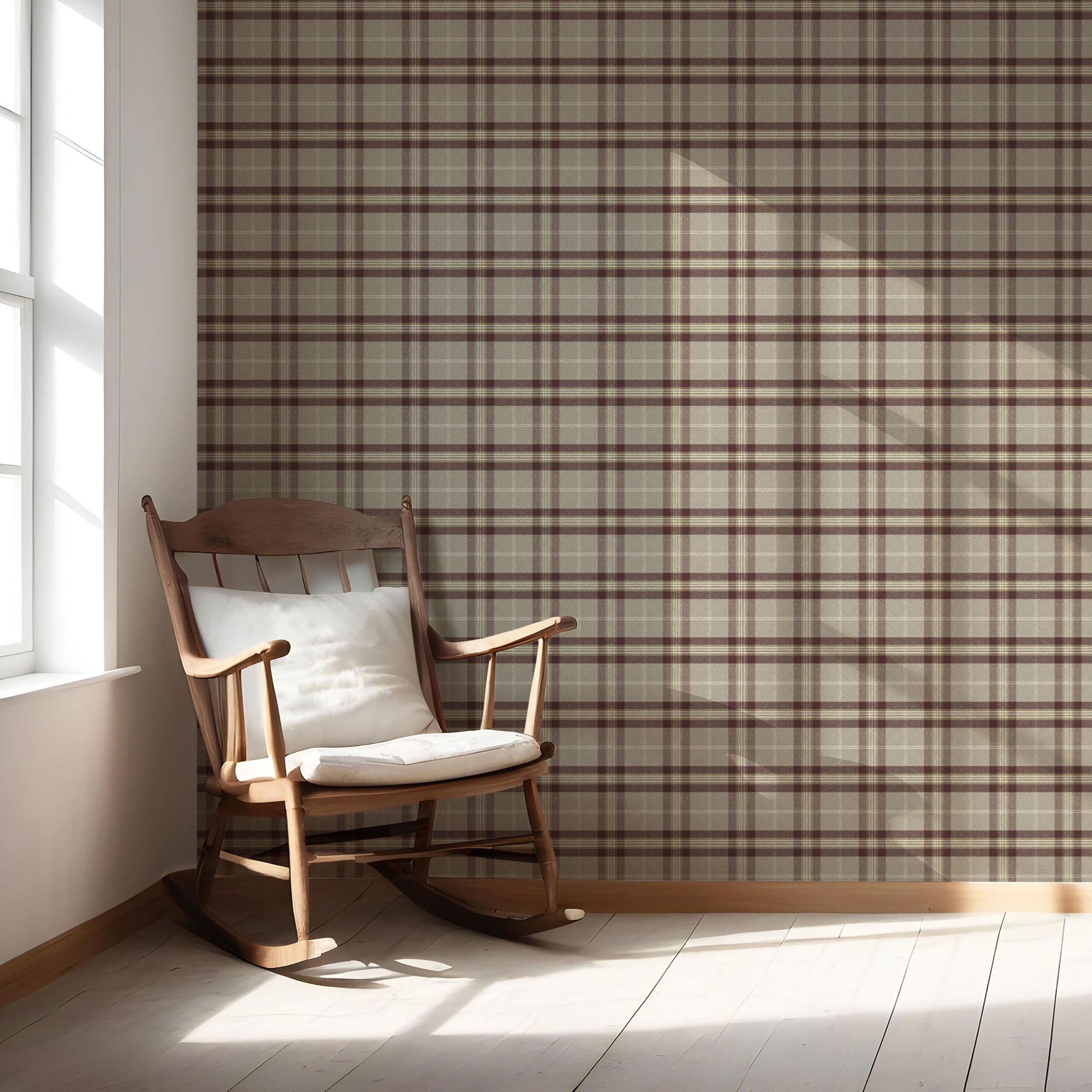 Geometric Plaid Checkered Nursery Wallpaper Sample (Brown/ Maroon/ Beige)