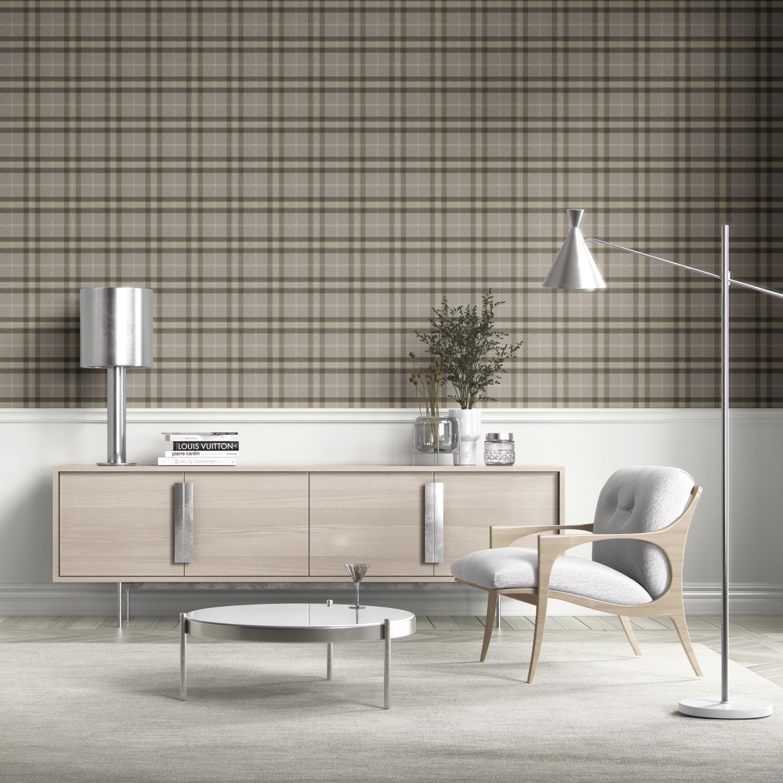 Geometric Plaid Checkered Kitchen Wallpaper (Gray/ Cedar Brown)