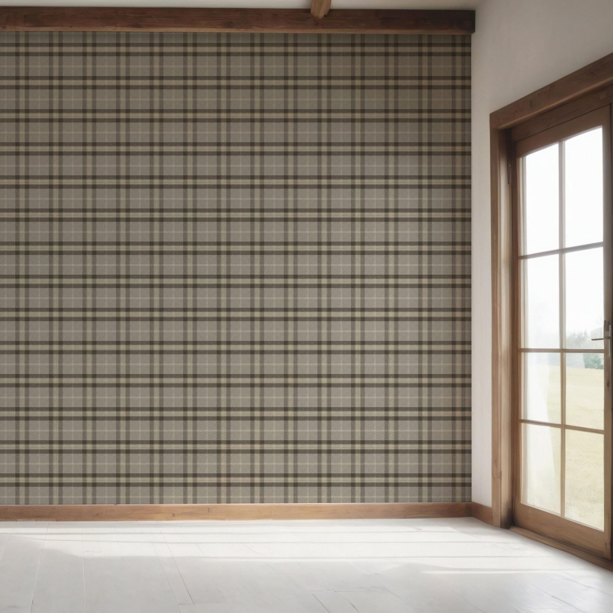 Geometric Plaid Checkered Bedroom Wallpaper Sample (Gray/ Cedar Brown)