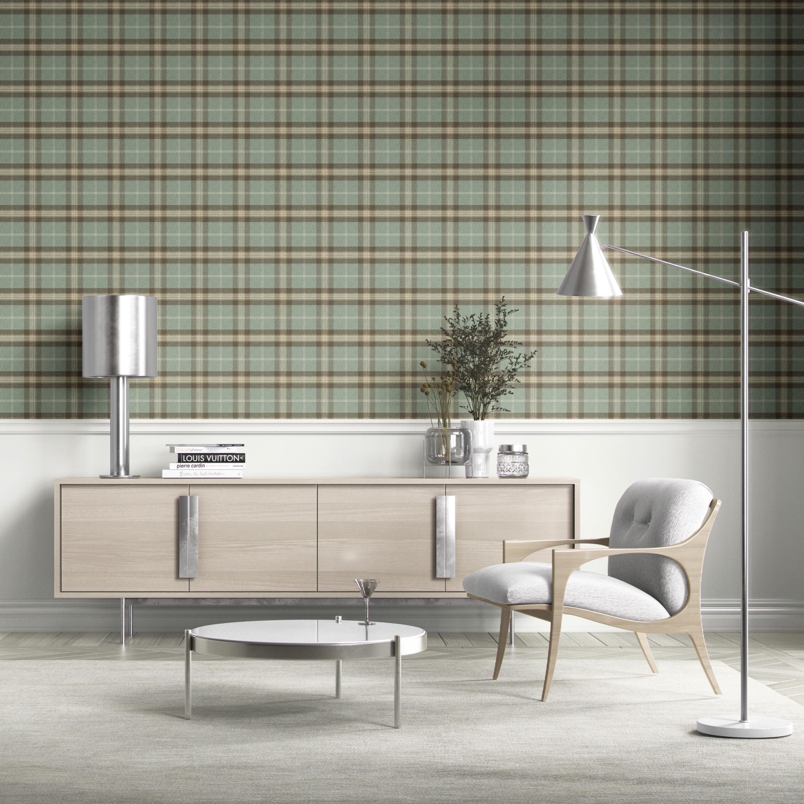 Geometric Plaid Checkered Kitchen Wallpaper (Green/ Brown/ Beige)