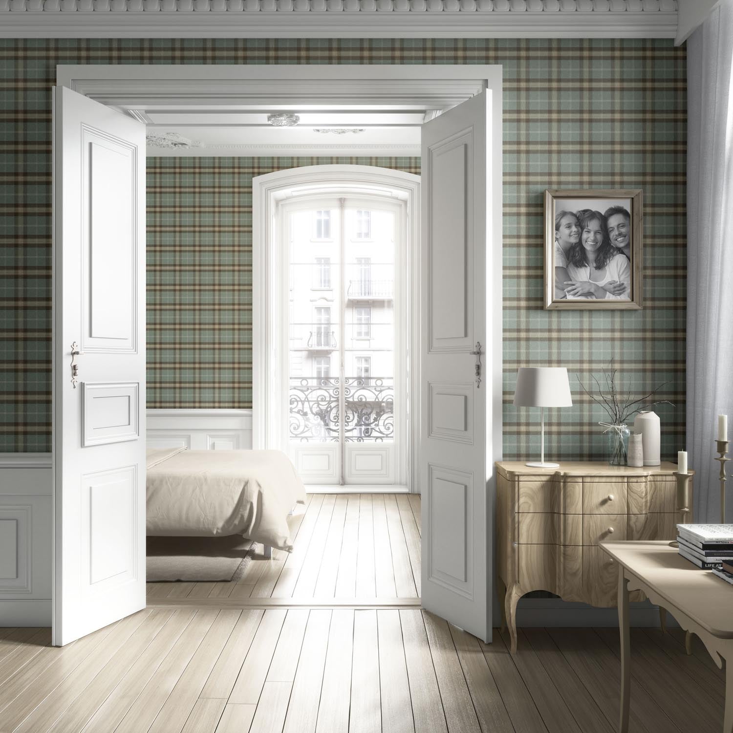 Geometric Plaid Checkered Living Room Wallpaper (Green/ Brown/ Beige)