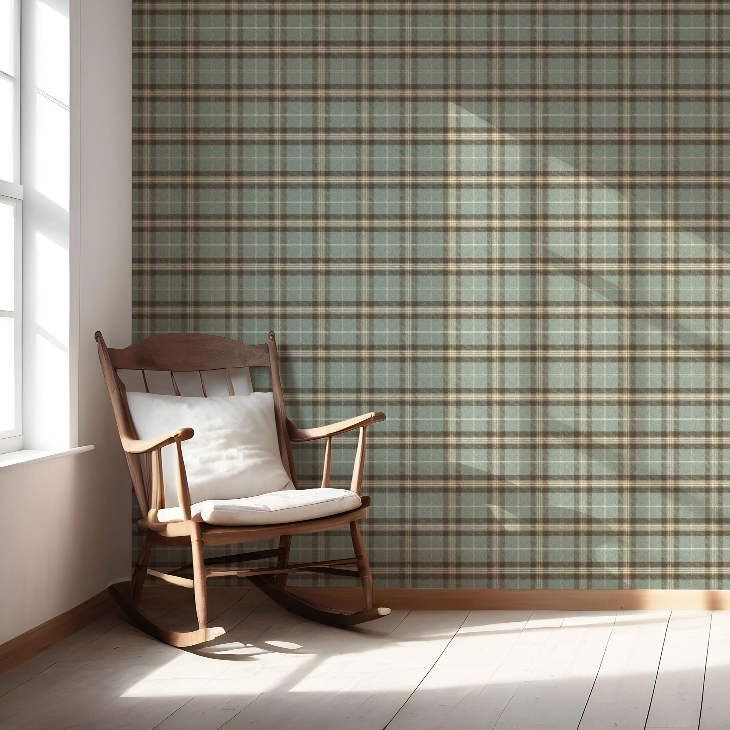 Geometric Plaid Checkered Nursery Wallpaper (Green/ Brown/ Beige)
