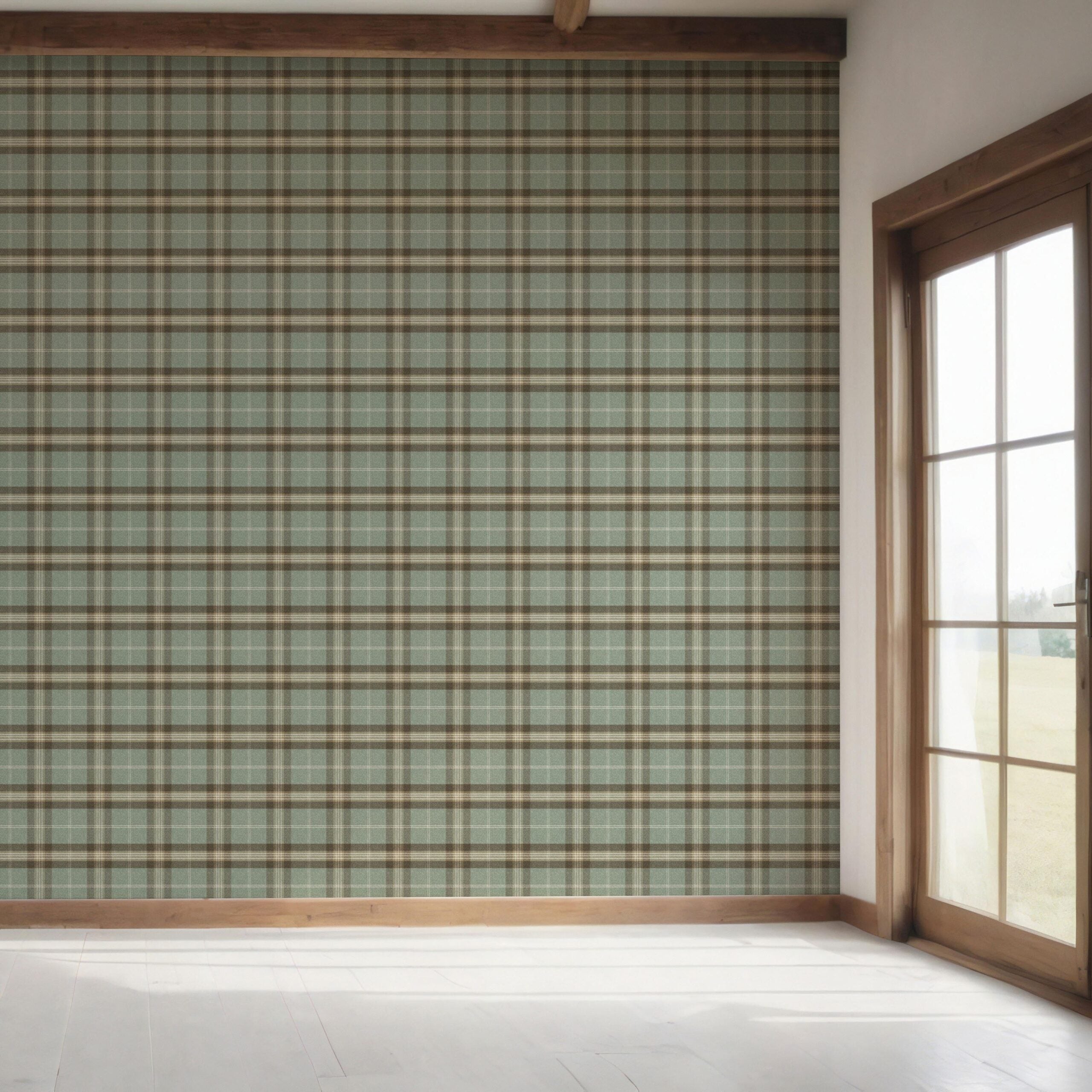 Geometric Plaid Checkered Bedroom Wallpaper (Green/ Brown/ Beige)
