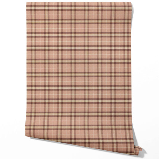 Geometric Plaid Checkered Traditional Wallpaper Sample (Blush Rose Pink/ Brown/ Beige)