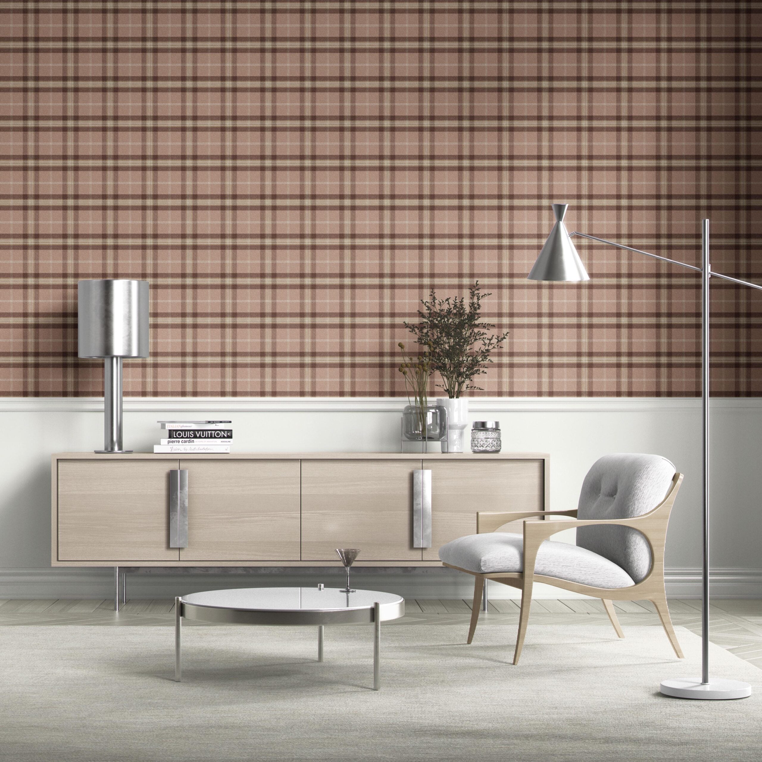 Geometric Plaid Checkered Kitchen Wallpaper Sample (Blush Rose Pink/ Brown/ Beige)