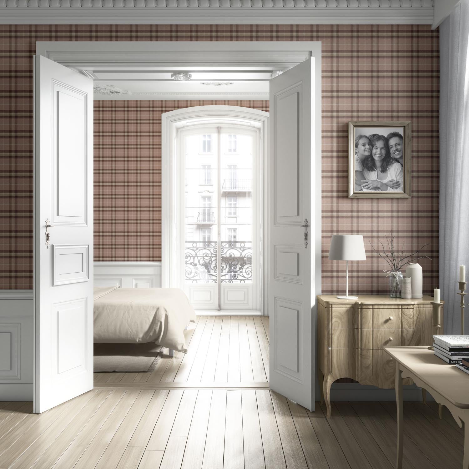Geometric Plaid Checkered Living Room Wallpaper Sample (Blush Rose Pink/ Brown/ Beige)