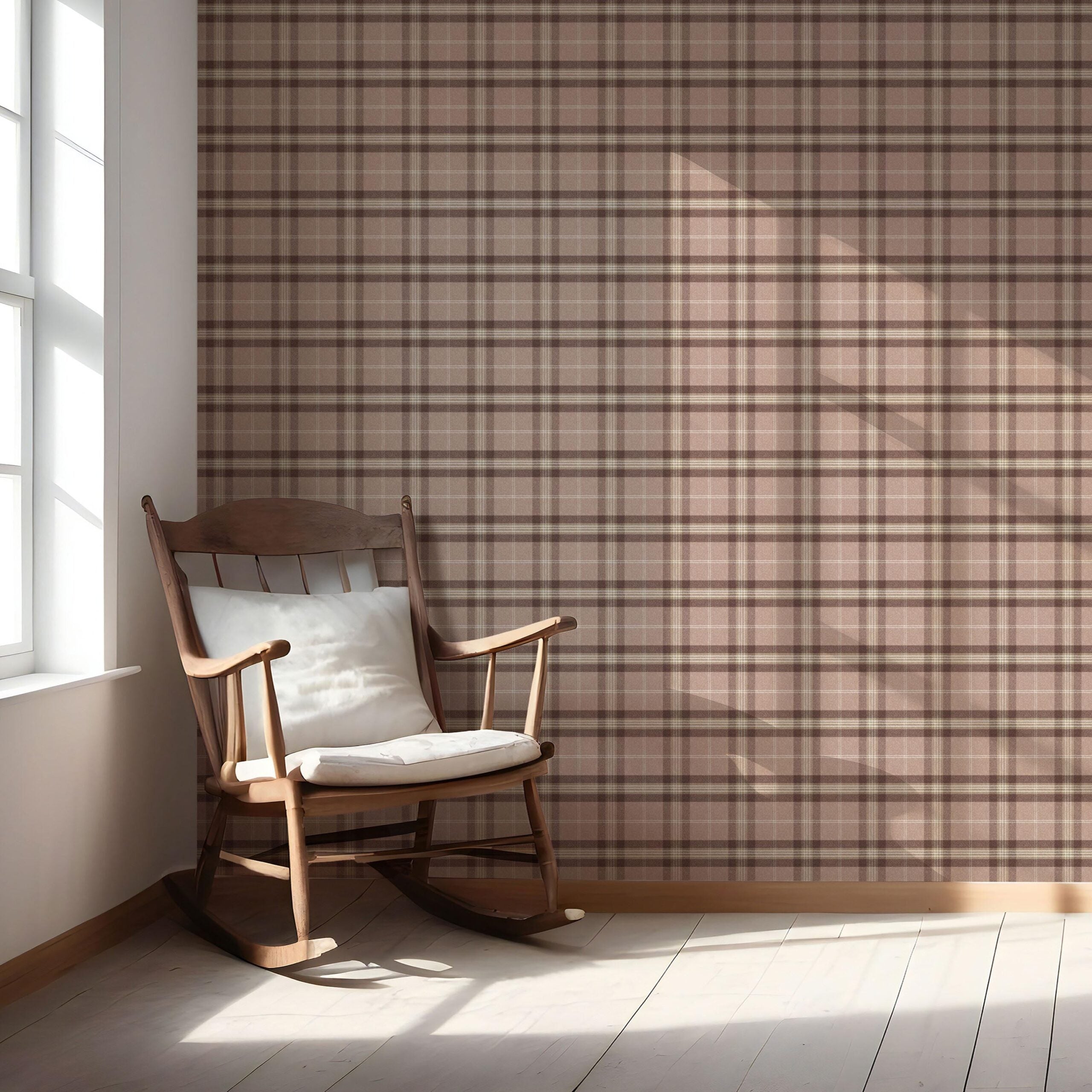Geometric Plaid Checkered Nursery Wallpaper Sample (Blush Rose Pink/ Brown/ Beige)