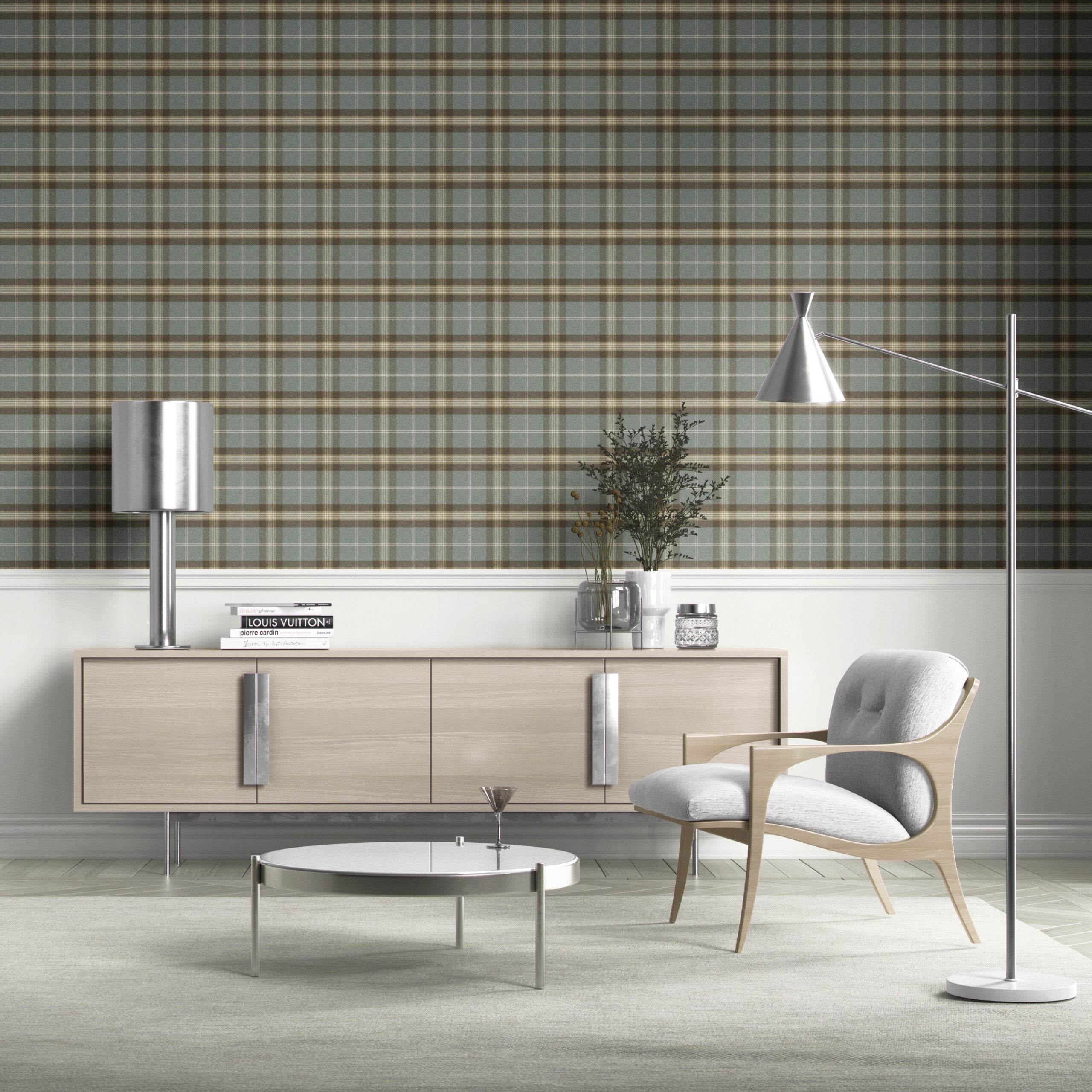 Geometric Plaid Checkered Kitchen Wallpaper Sample (Blue-Gray/ Brown)
