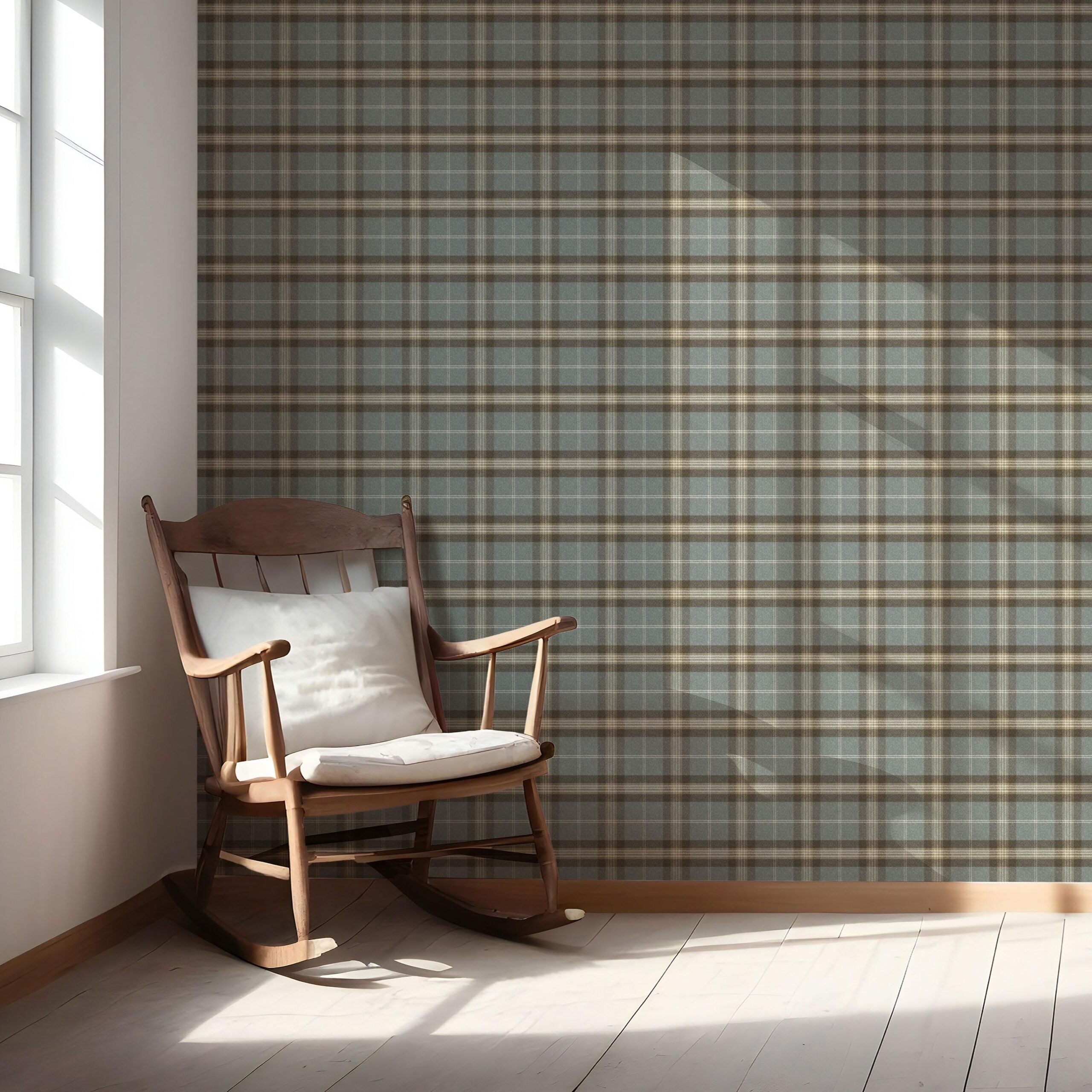 Geometric Plaid Checkered Nursery Wallpaper Sample (Blue-Gray/ Brown)