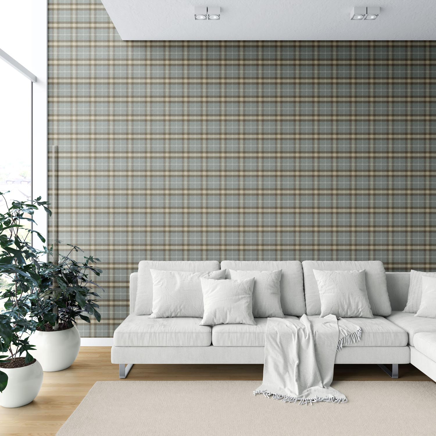 Geometric Plaid Checkered Shower Toilet Wallpaper Sample (Blue-Gray/ Brown)