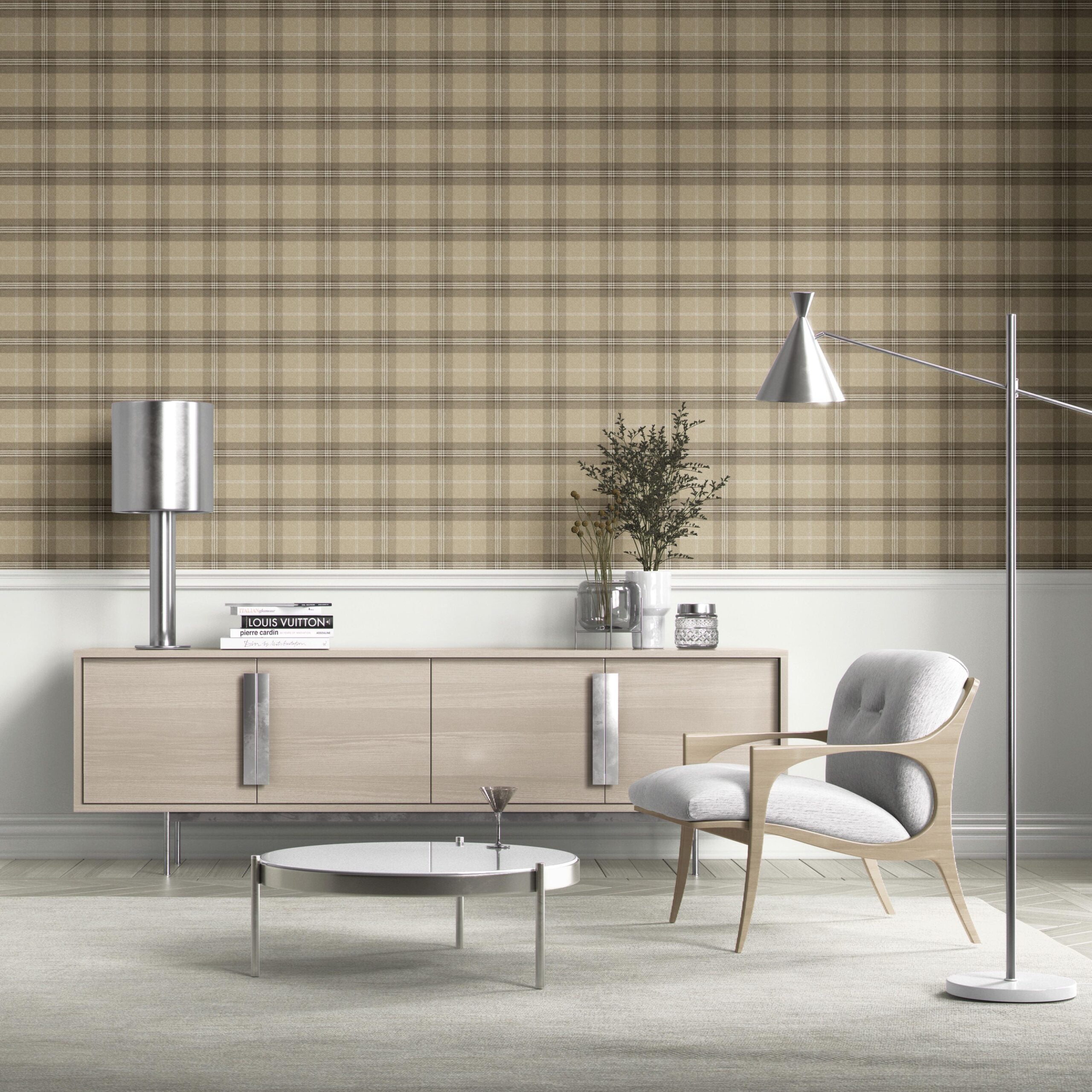 Neutral Geometric Plaid Checkered Kitchen Wallpaper Sample (Beige/ Brown/ Taupe)