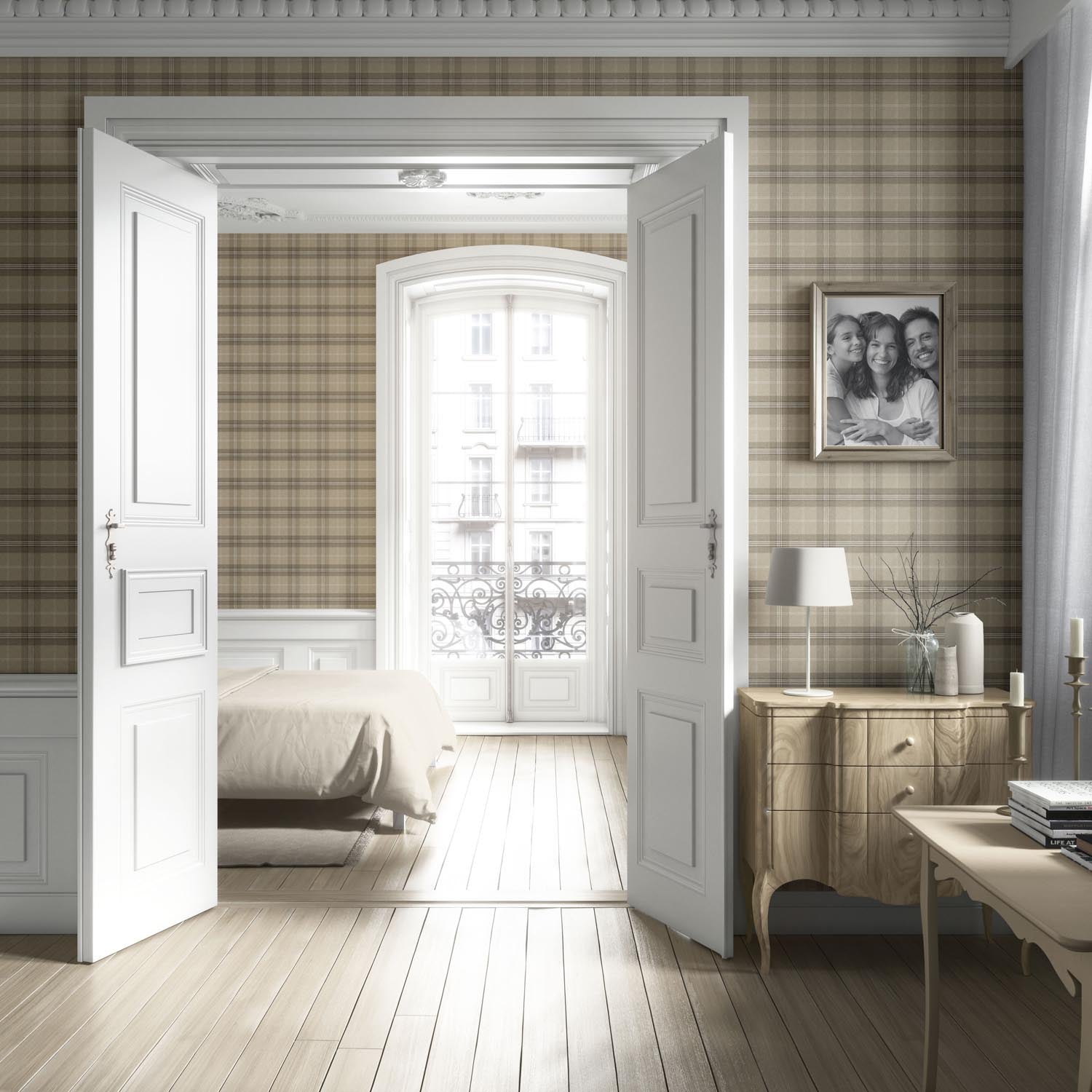 Neutral Geometric Plaid Checkered Living Room Wallpaper Sample (Beige/ Brown/ Taupe)