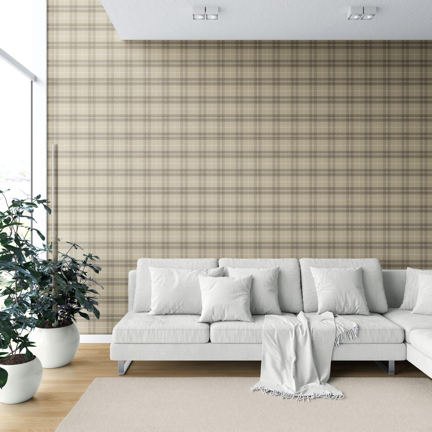 Neutral Geometric Plaid Checkered Shower Toilet Wallpaper Sample (Beige/ Brown/ Taupe)