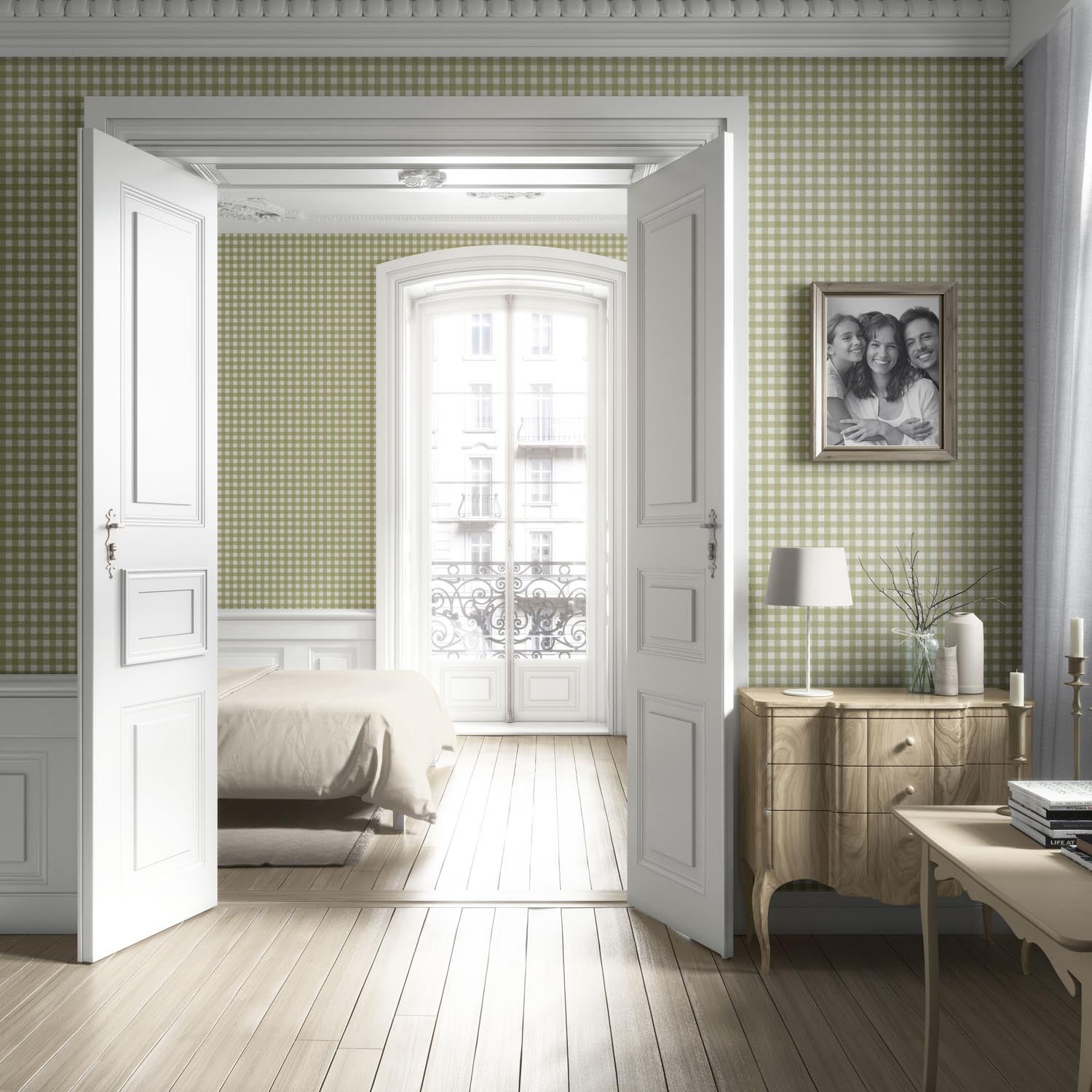 Geometric Gingham Checkered Kitchen Wallpaper (Green)