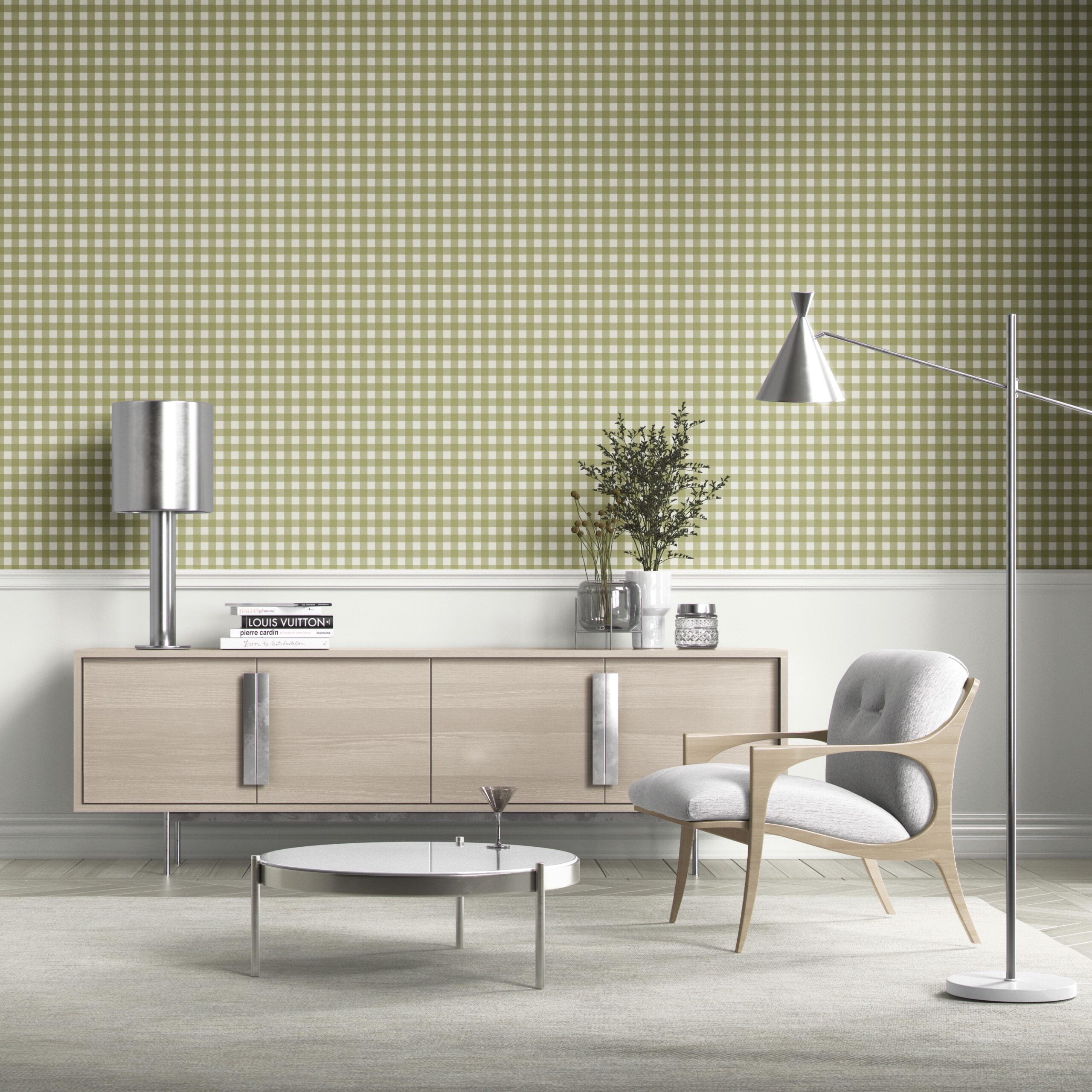 Geometric Gingham Checkered Bathroom Wallpaper (Green)