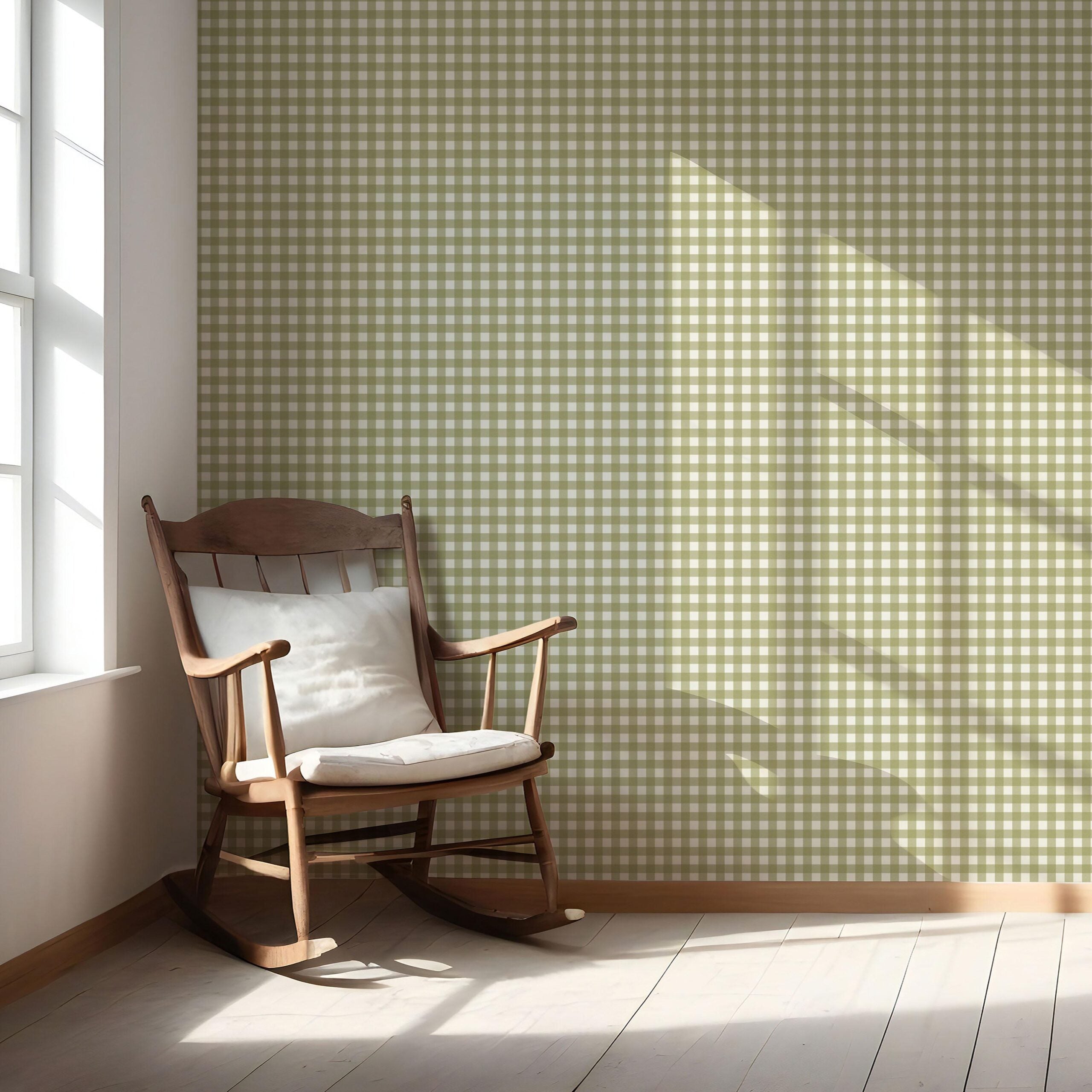 Geometric Gingham Checkered Nursery Wallpaper (Green)
