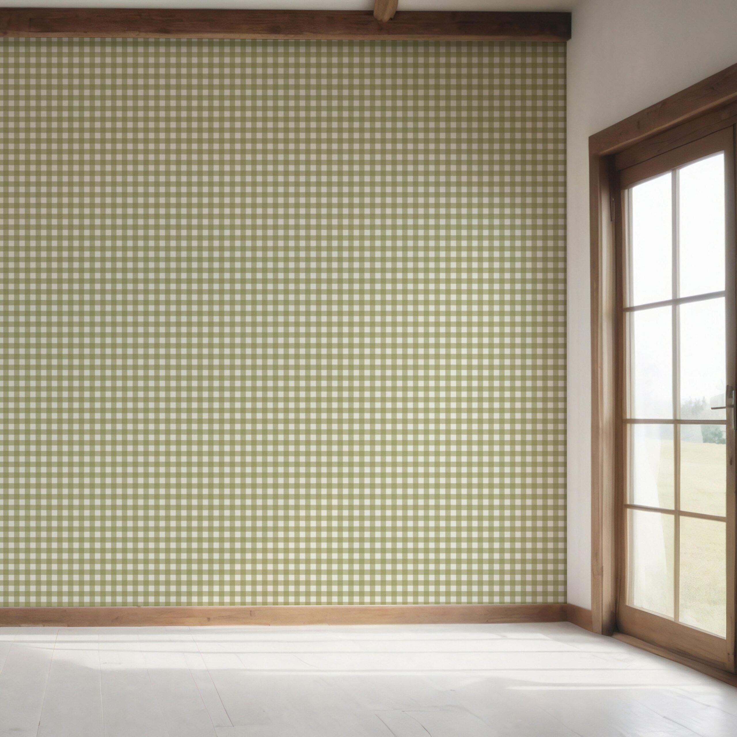 Geometric Gingham Checkered Bedroom Wallpaper (Green)