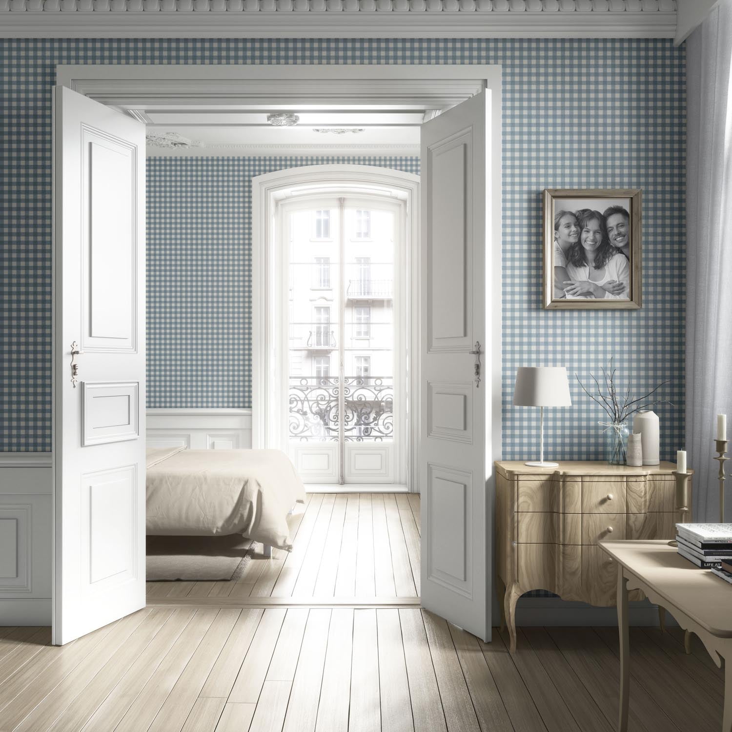 Geometric Gingham Checkered Kitchen Wallpaper Sample (Blue)
