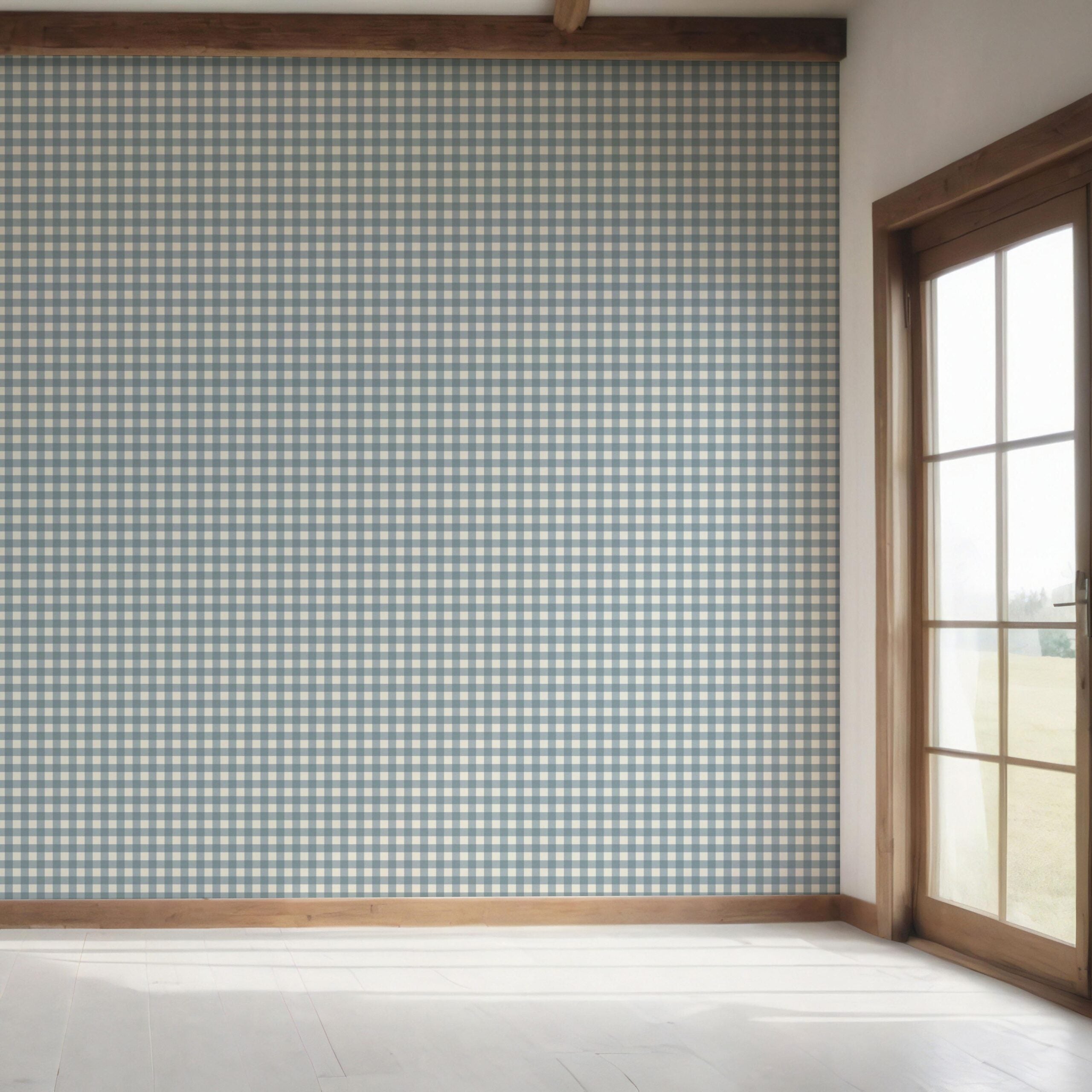 Geometric Gingham Checkered Bedroom Wallpaper Sample (Blue)