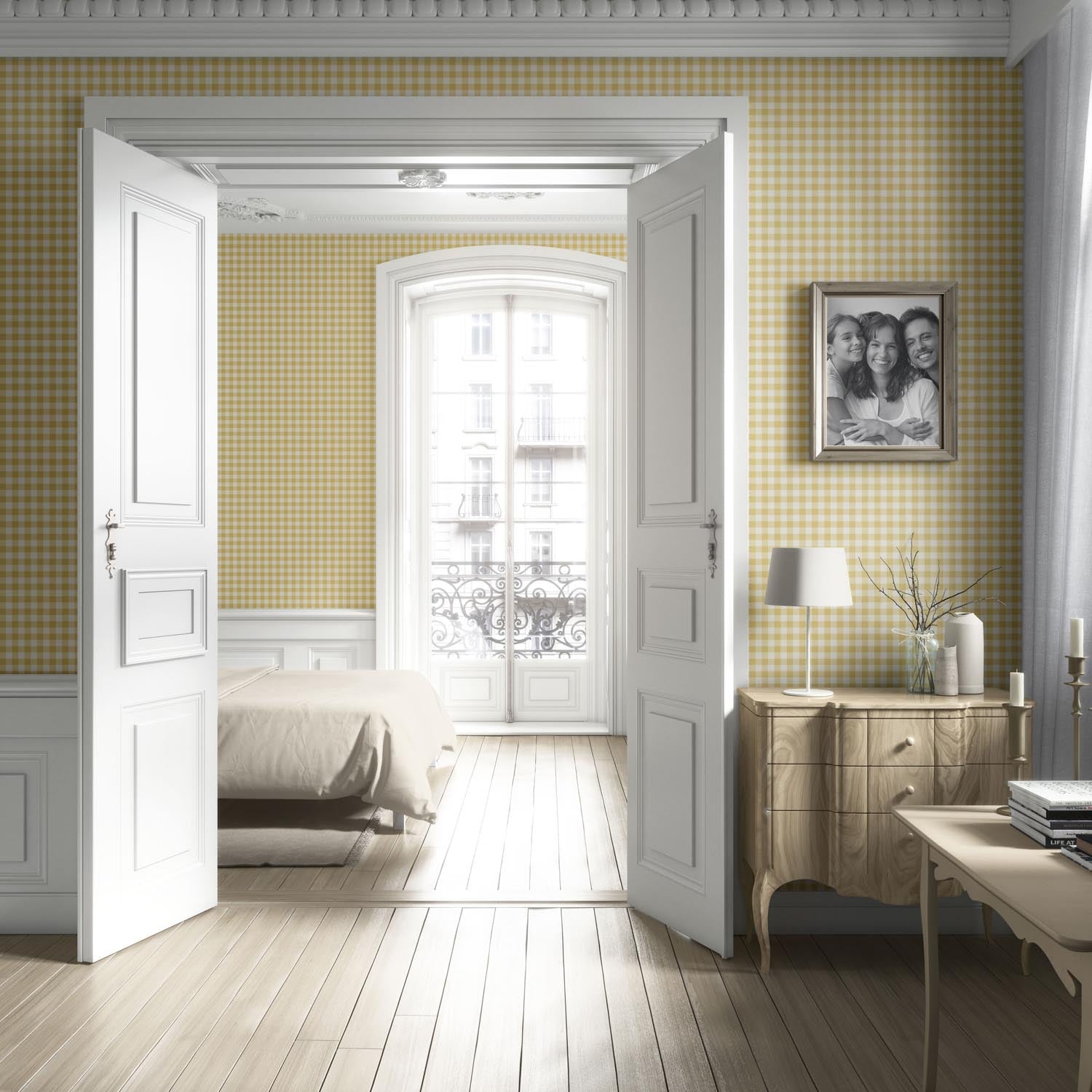 Geometric Gingham Checkered Kitchen Wallpaper Sample (Yellow)