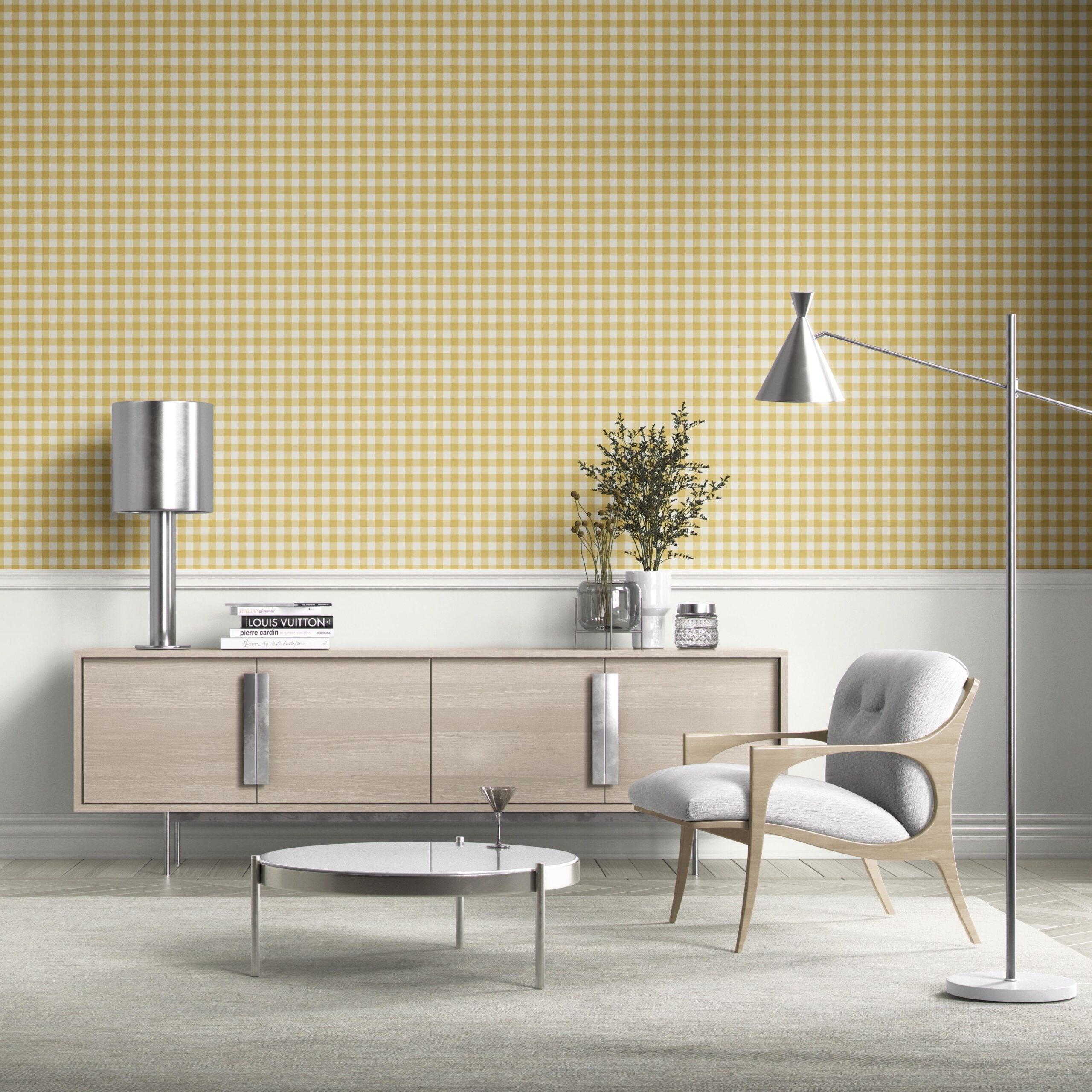 Geometric Gingham Checkered Bathroom Wallpaper Sample (Yellow)