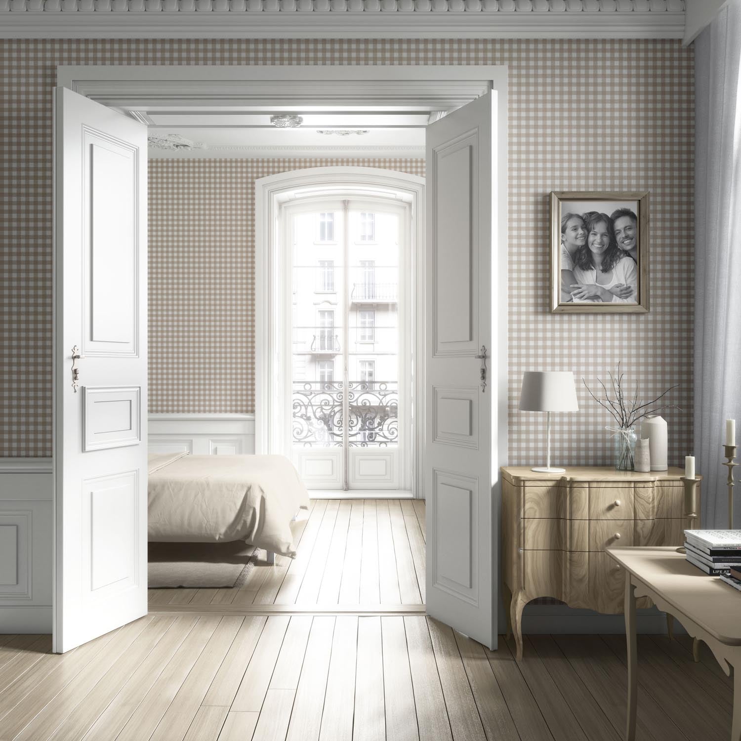 Neutral Geometric Gingham Checkered Kitchen Wallpaper Sample (Oatmeal Beige/ Soft Taupe)