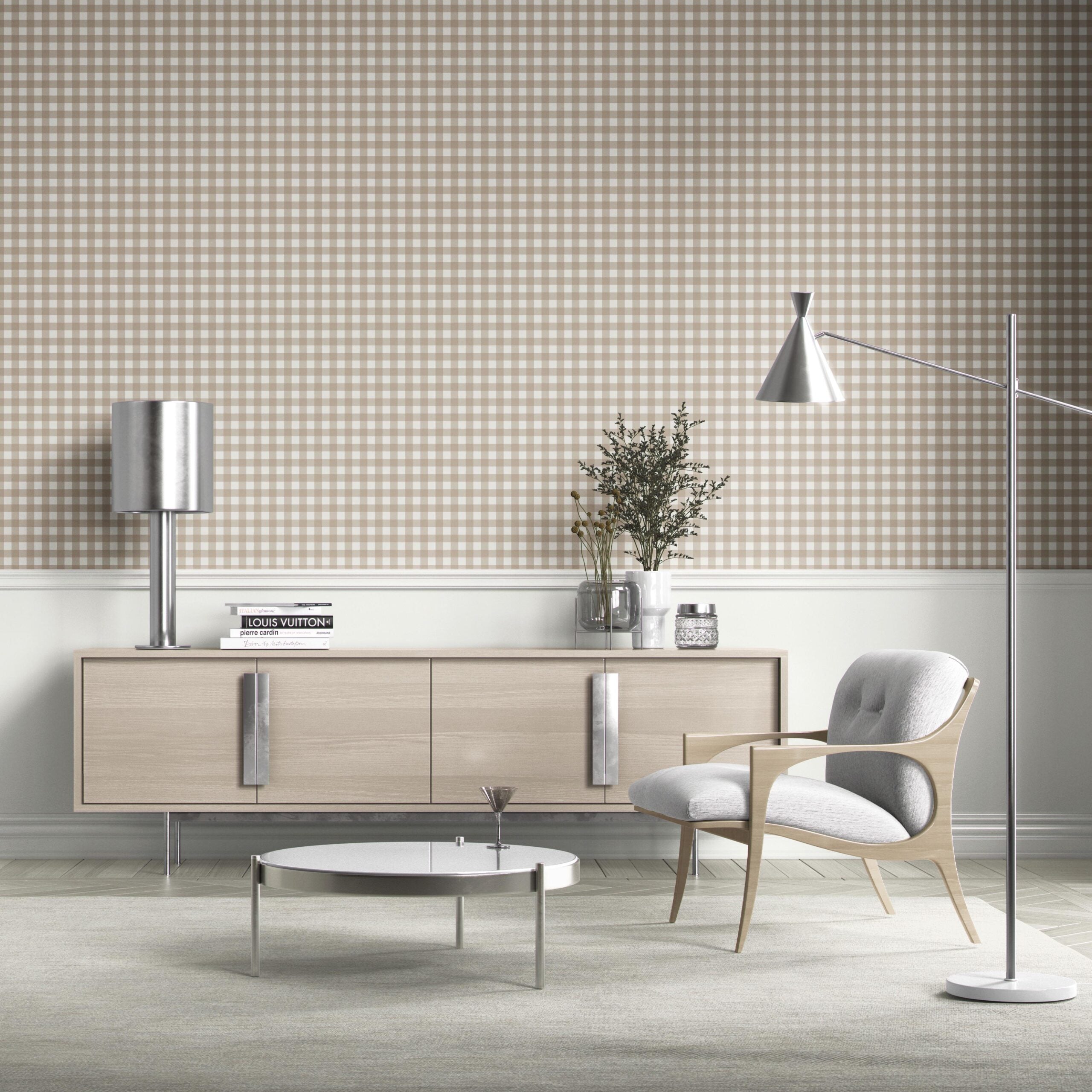 Neutral Geometric Gingham Checkered Bathroom Wallpaper Sample (Oatmeal Beige/ Soft Taupe)