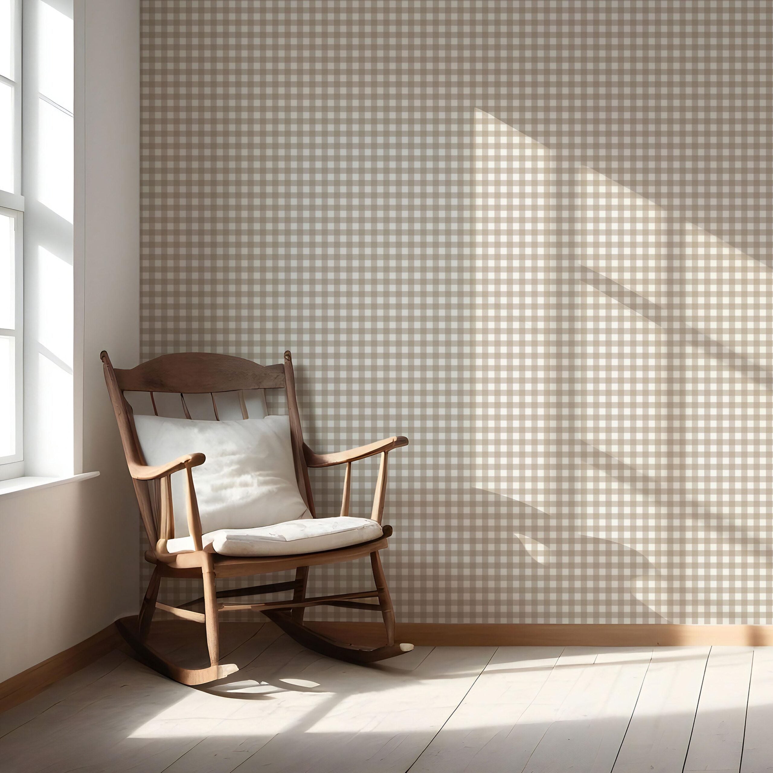 Neutral Geometric Gingham Checkered Nursery Wallpaper Sample (Oatmeal Beige/ Soft Taupe)