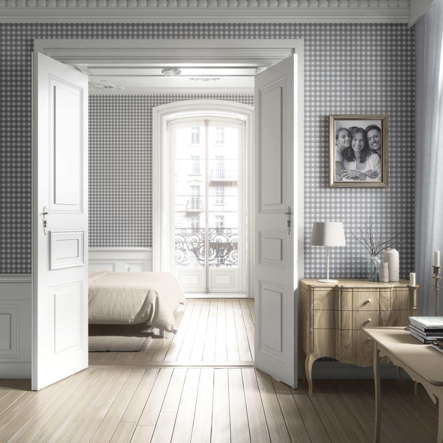 Neutral Geometric Gingham Checkered Kitchen Wallpaper Sample (Gray)