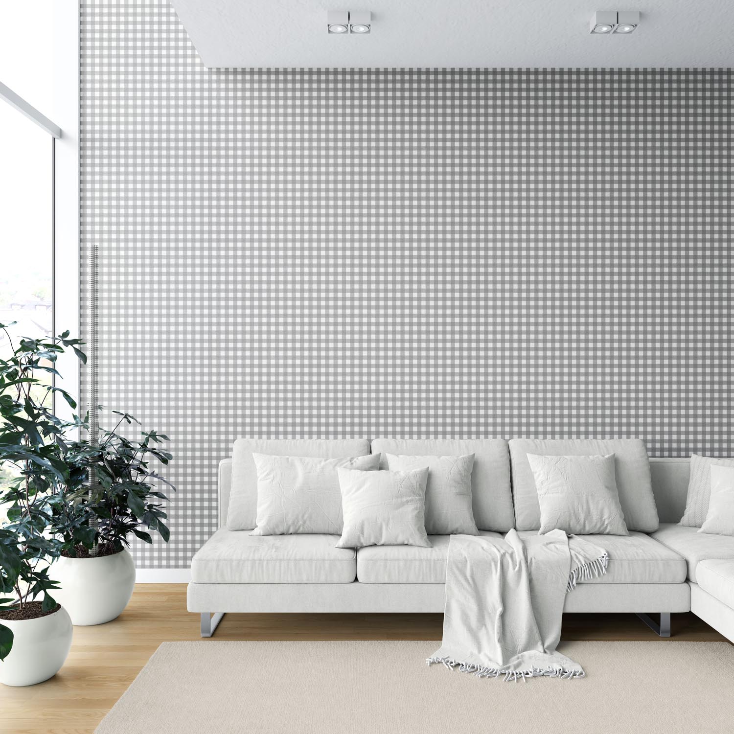 Neutral Geometric Gingham Checkered Shower Toilet Wallpaper Sample (Gray)