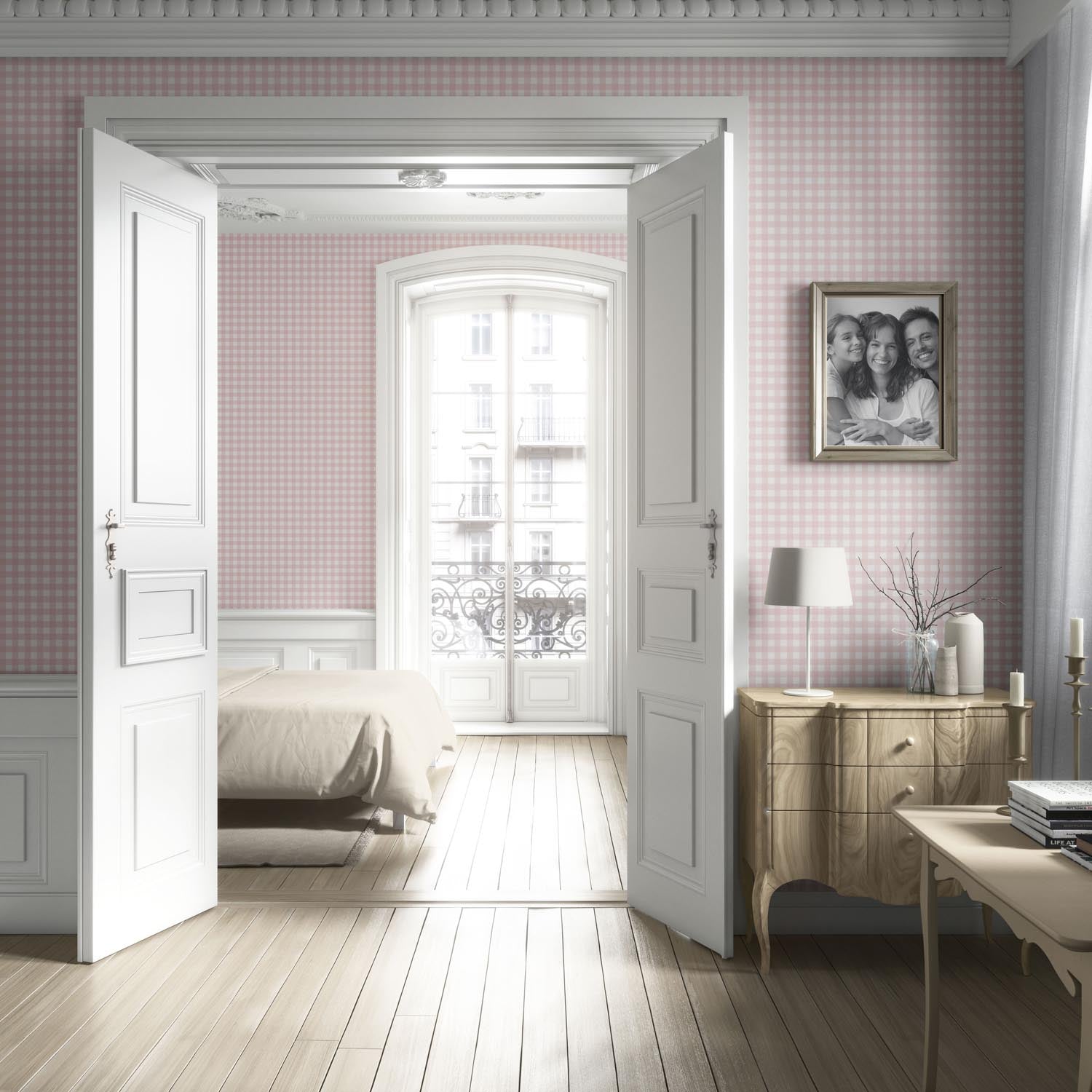 Geometric Gingham Checkered Kitchen Wallpaper Sample (Pink)