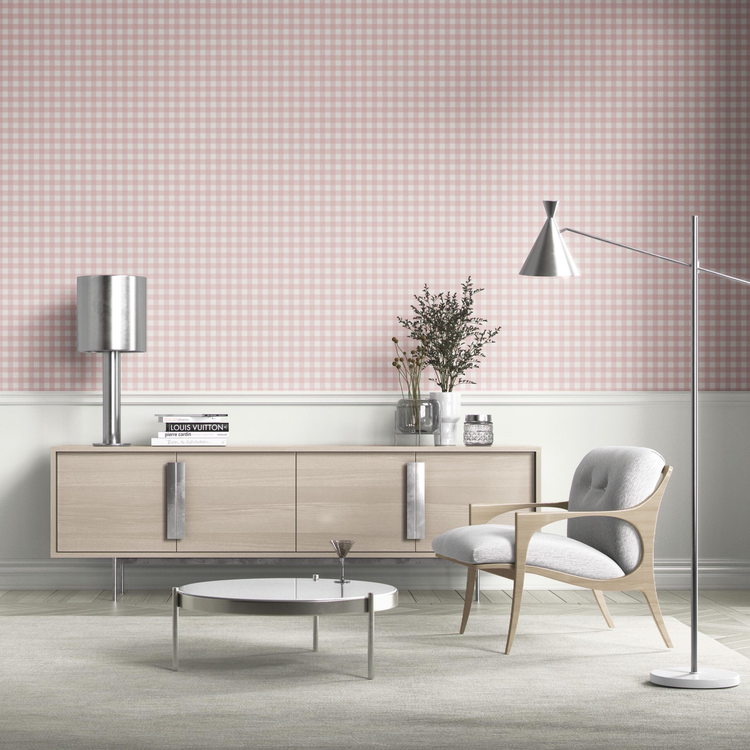 Geometric Gingham Checkered Bathroom Wallpaper Sample (Pink)