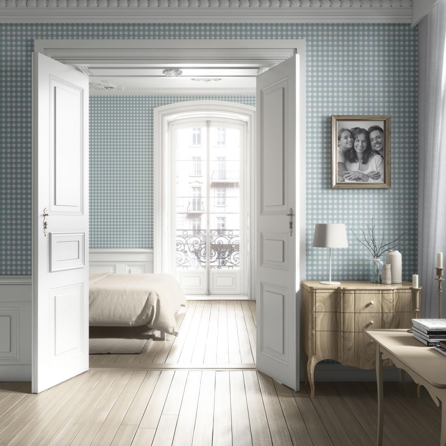 Geometric Gingham Checkered Kitchen Wallpaper Sample (Seaglass Blue)
