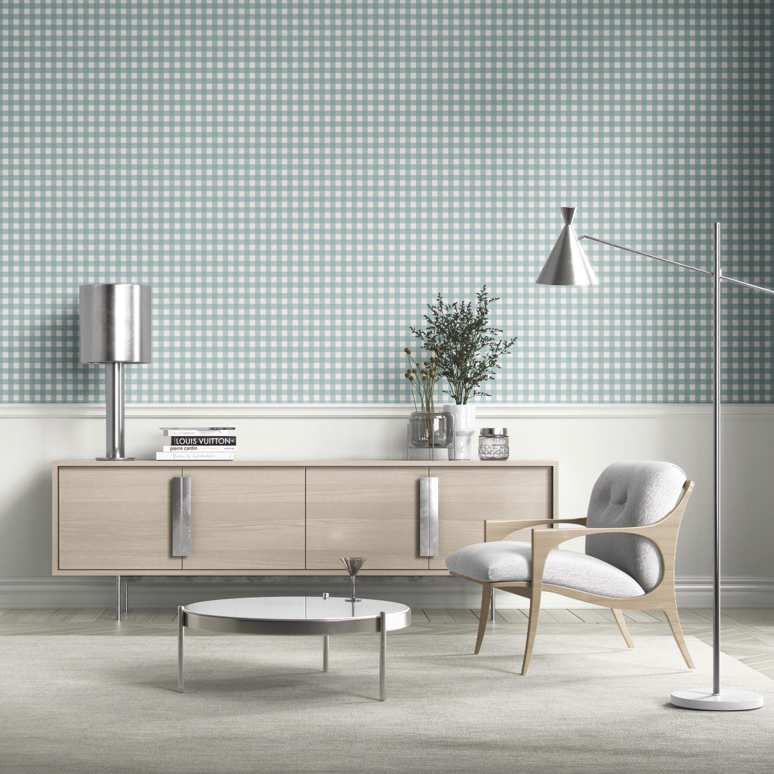 Geometric Gingham Checkered Bathroom Wallpaper (Seaglass Blue)