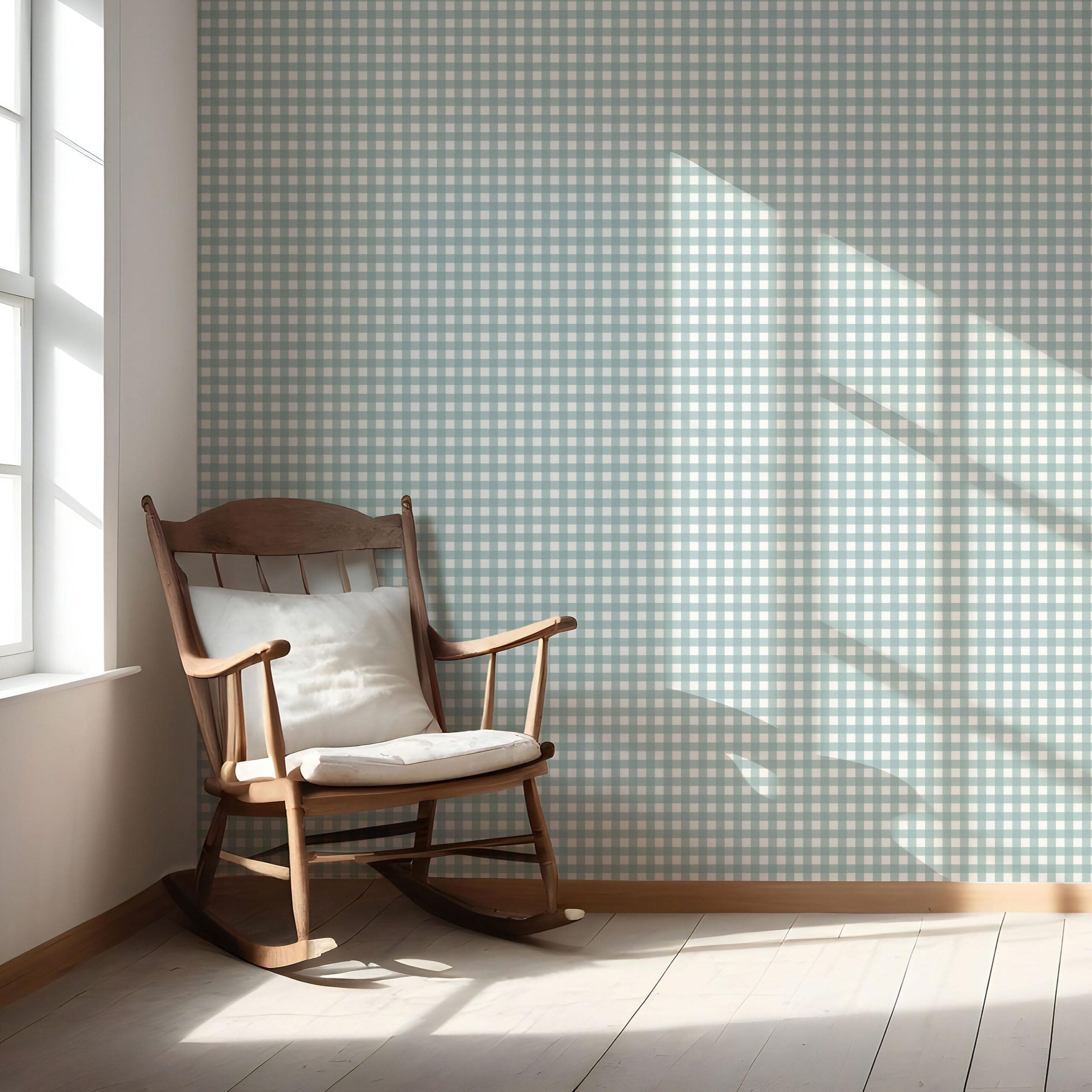 Geometric Gingham Checkered Nursery Wallpaper (Seaglass Blue)