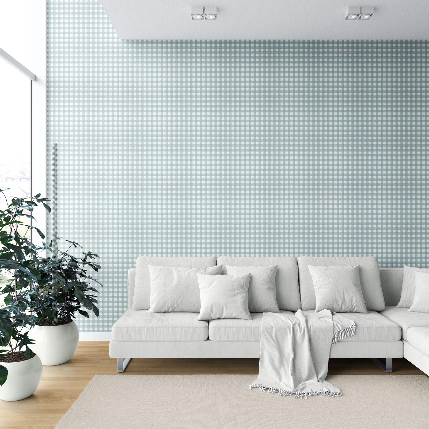Geometric Gingham Checkered Shower Toilet Wallpaper Sample (Seaglass Blue)