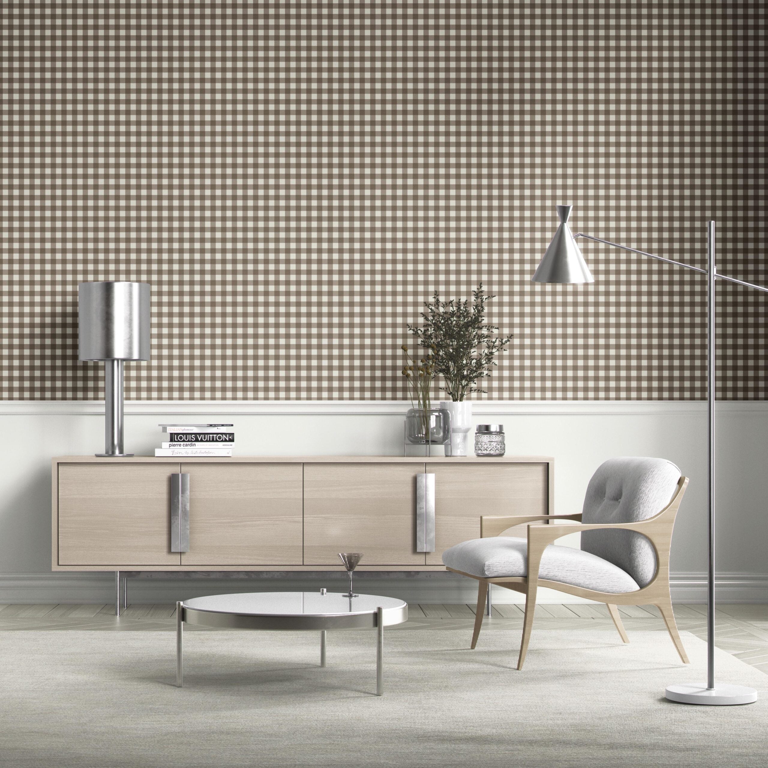 Neutral Geometric Gingham Checkered Bathroom Wallpaper (Brown/ Taupe)